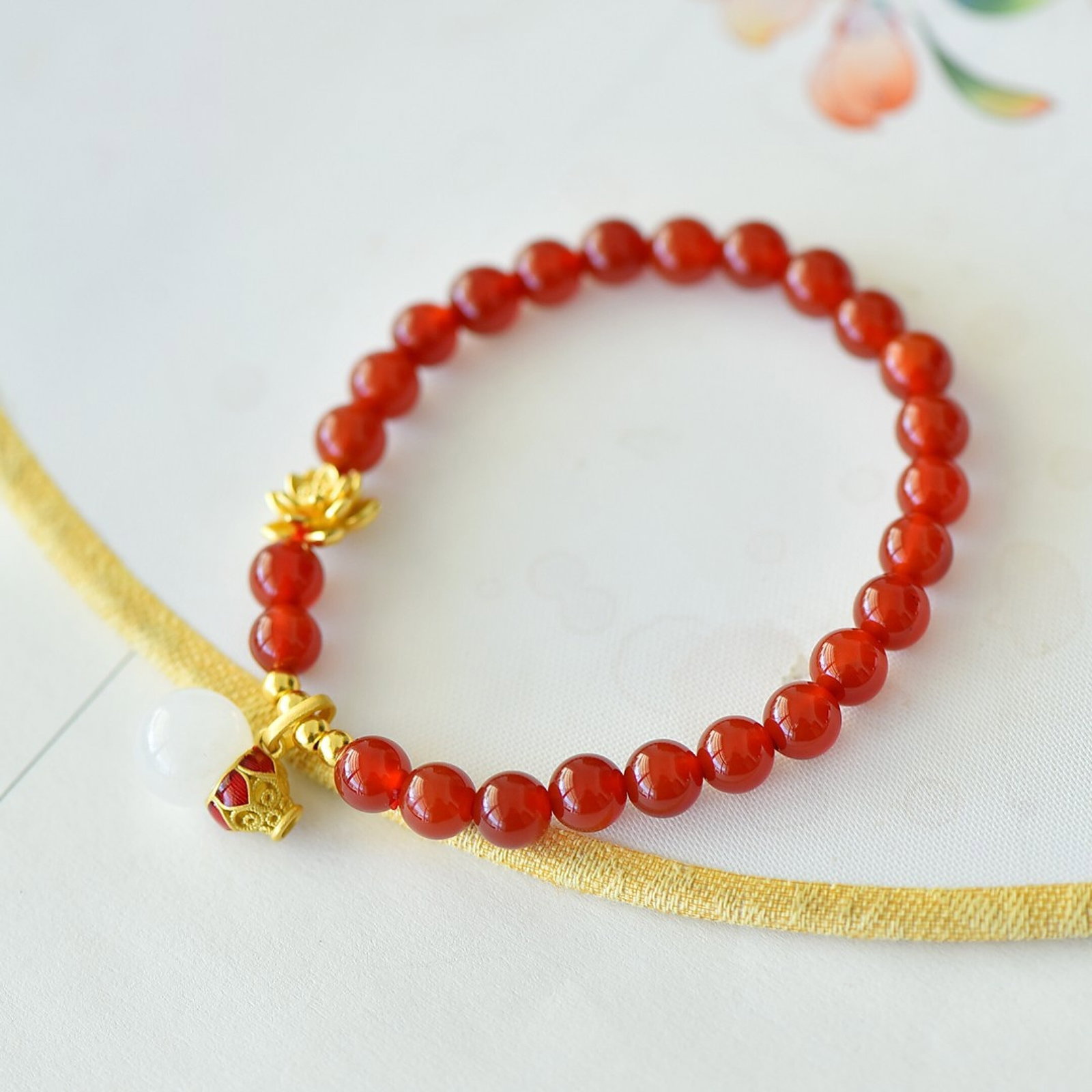 An Exquisite Sterling Silver-Gold Plated Inlaid Agate Bracelet,Inlaid White Jade - 4