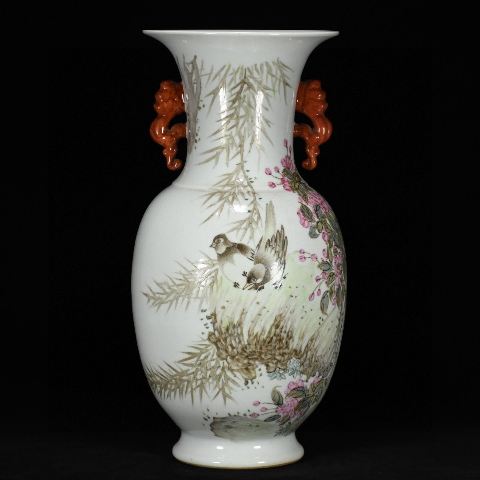 A Rare Light Crimson Color Flower and Bird Pattern Dragon-Ears Vase,With Poem: Estimated Value:3000-6000 A Rare Light Crimson Color Flower and Bird Pattern Dragon-Ears Vase,With Poem,Qing Dynasty,China,Size:15.4inx8.3in