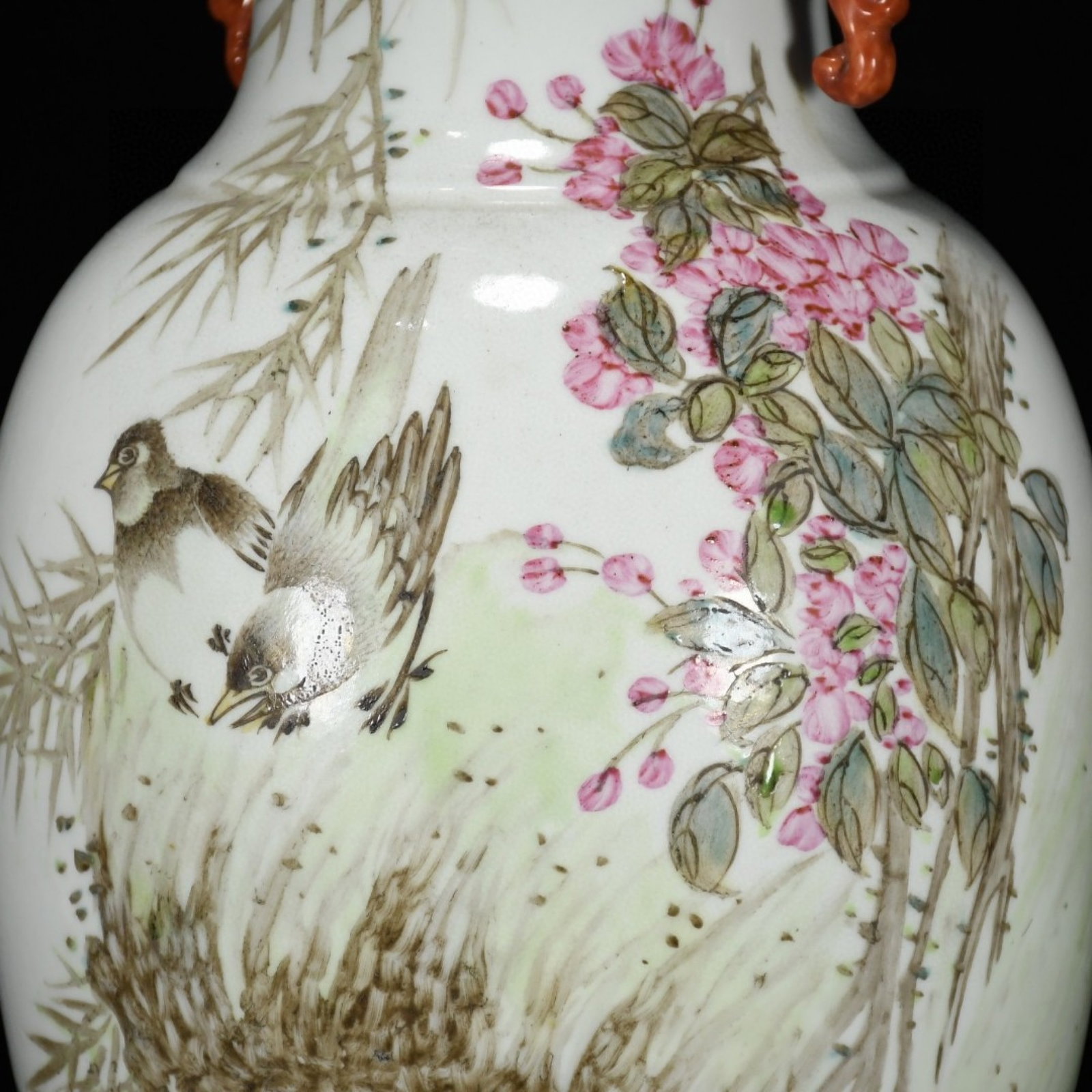 A Rare Light Crimson Color Flower and Bird Pattern Dragon-Ears Vase,With Poem - 5