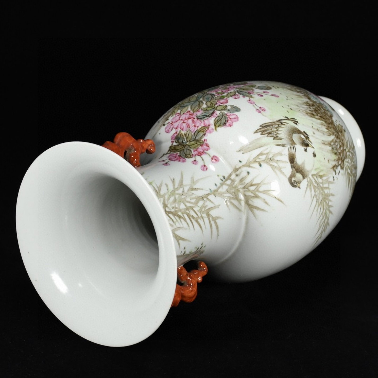 A Rare Light Crimson Color Flower and Bird Pattern Dragon-Ears Vase,With Poem - 7