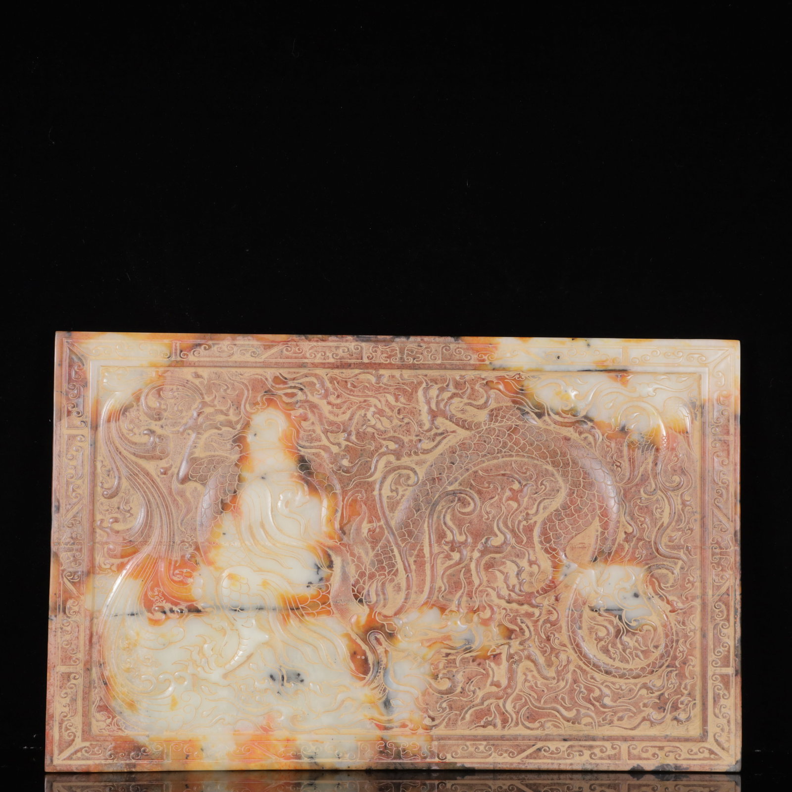 An Exquisite White Jade Dragon Pattern Ornament,with Poem: Estimated Value:3000-6000 An Exquisite White Jade Dragon Pattern Ornament,with Poem,Qing Dynasty,China,Size:15inx0.6inx9.4in,Weight:2750g