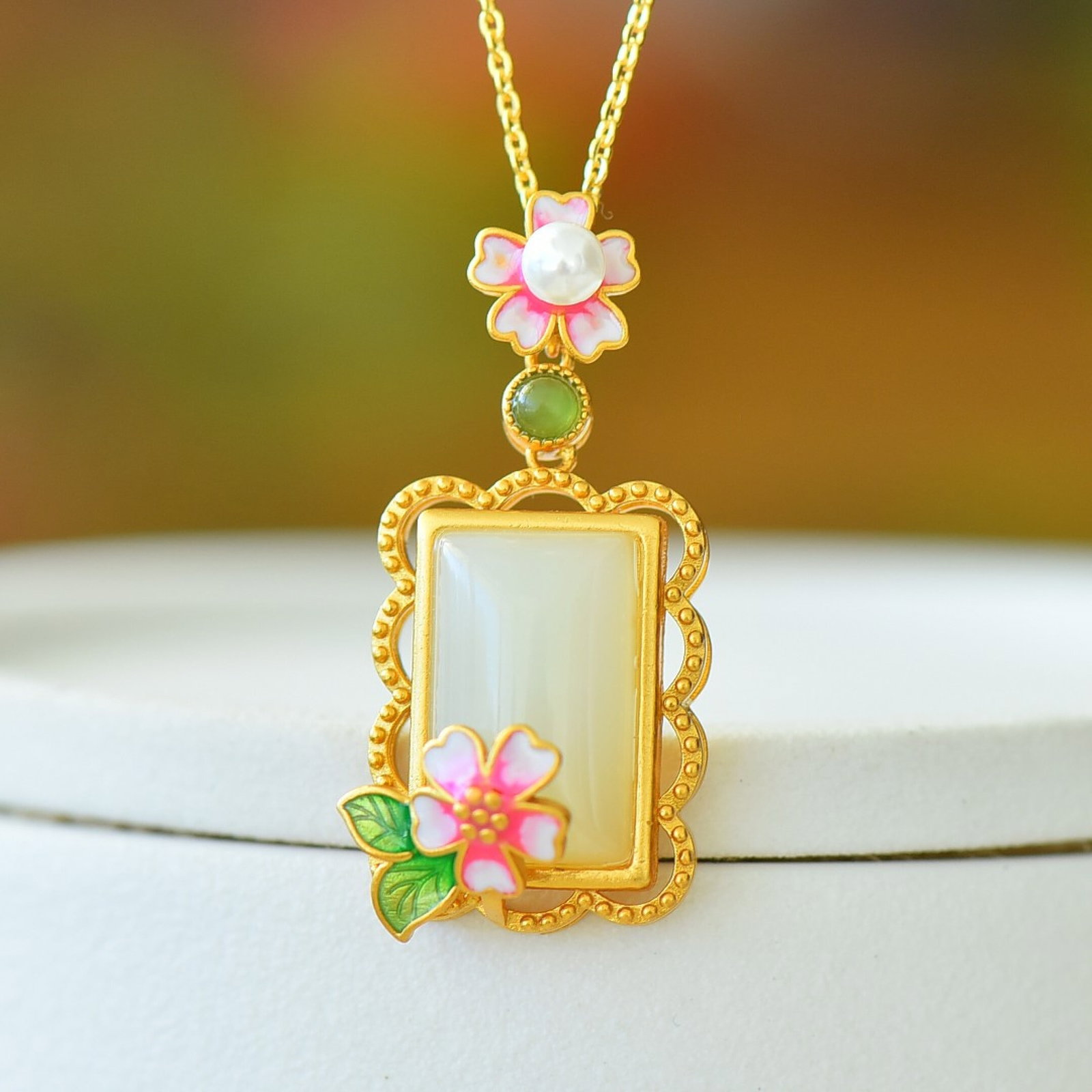 An Exquisite Sterling Silver-Gold Plated Inlaid White Jade Pendant - 3