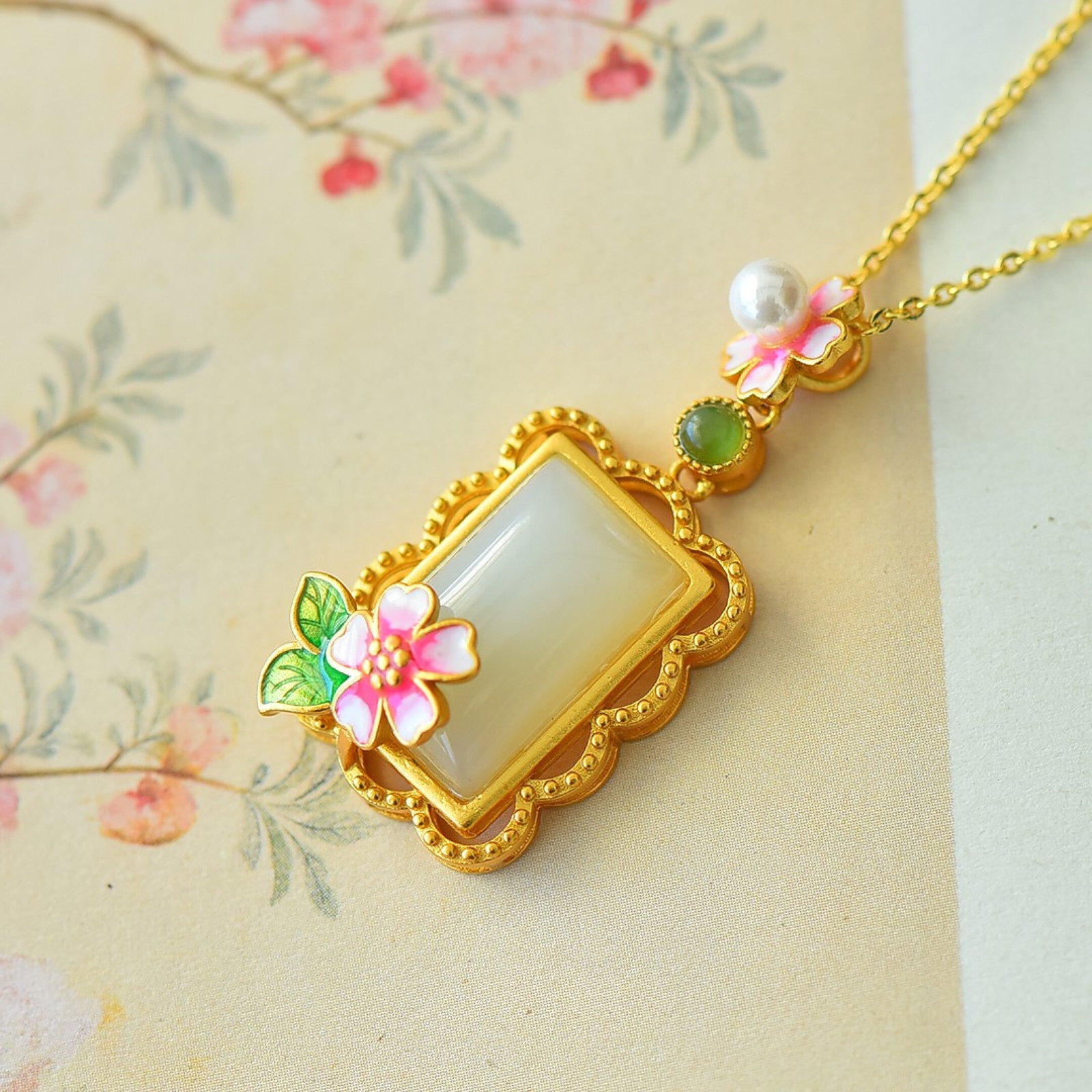 An Exquisite Sterling Silver-Gold Plated Inlaid White Jade Pendant - 4