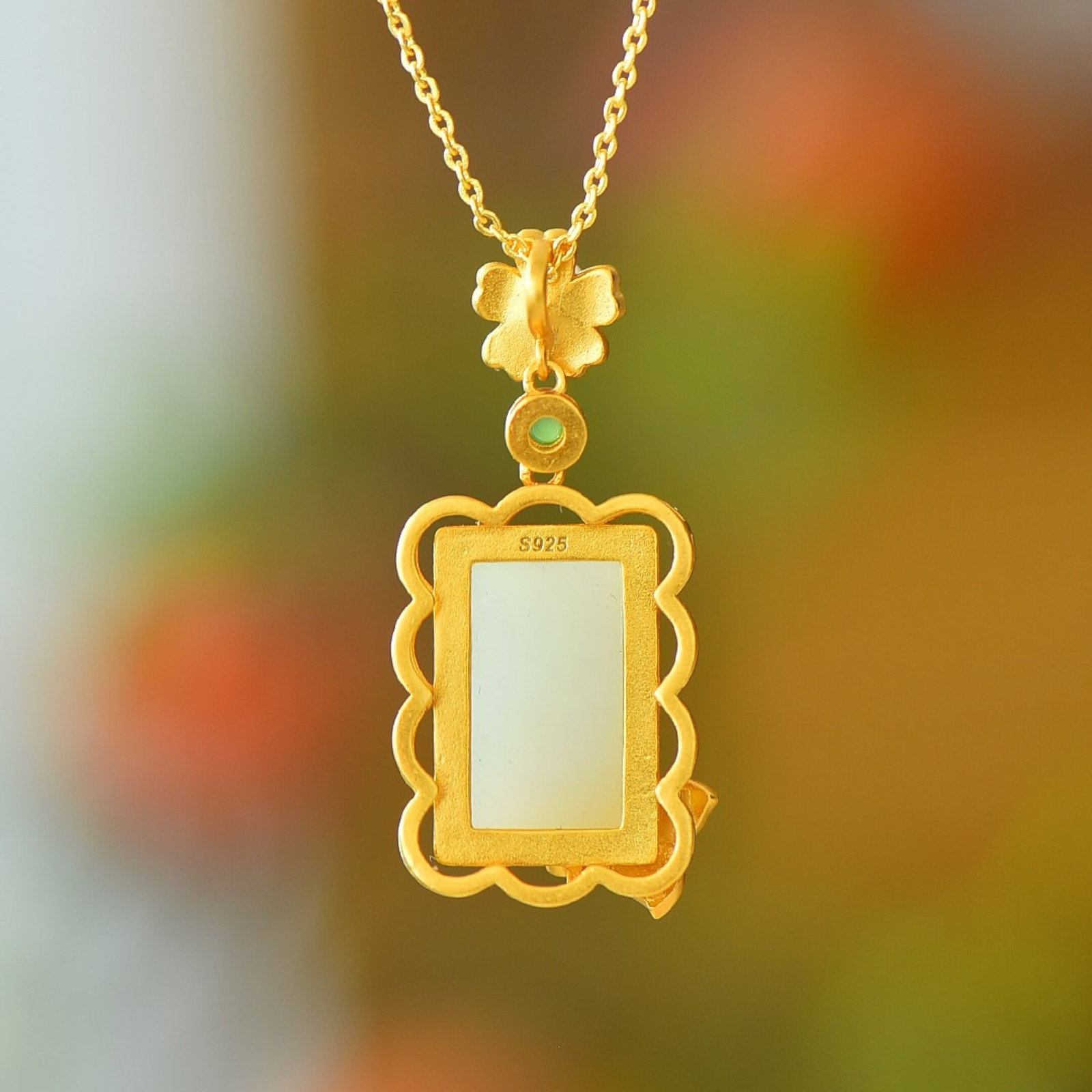 An Exquisite Sterling Silver-Gold Plated Inlaid White Jade Pendant - 5