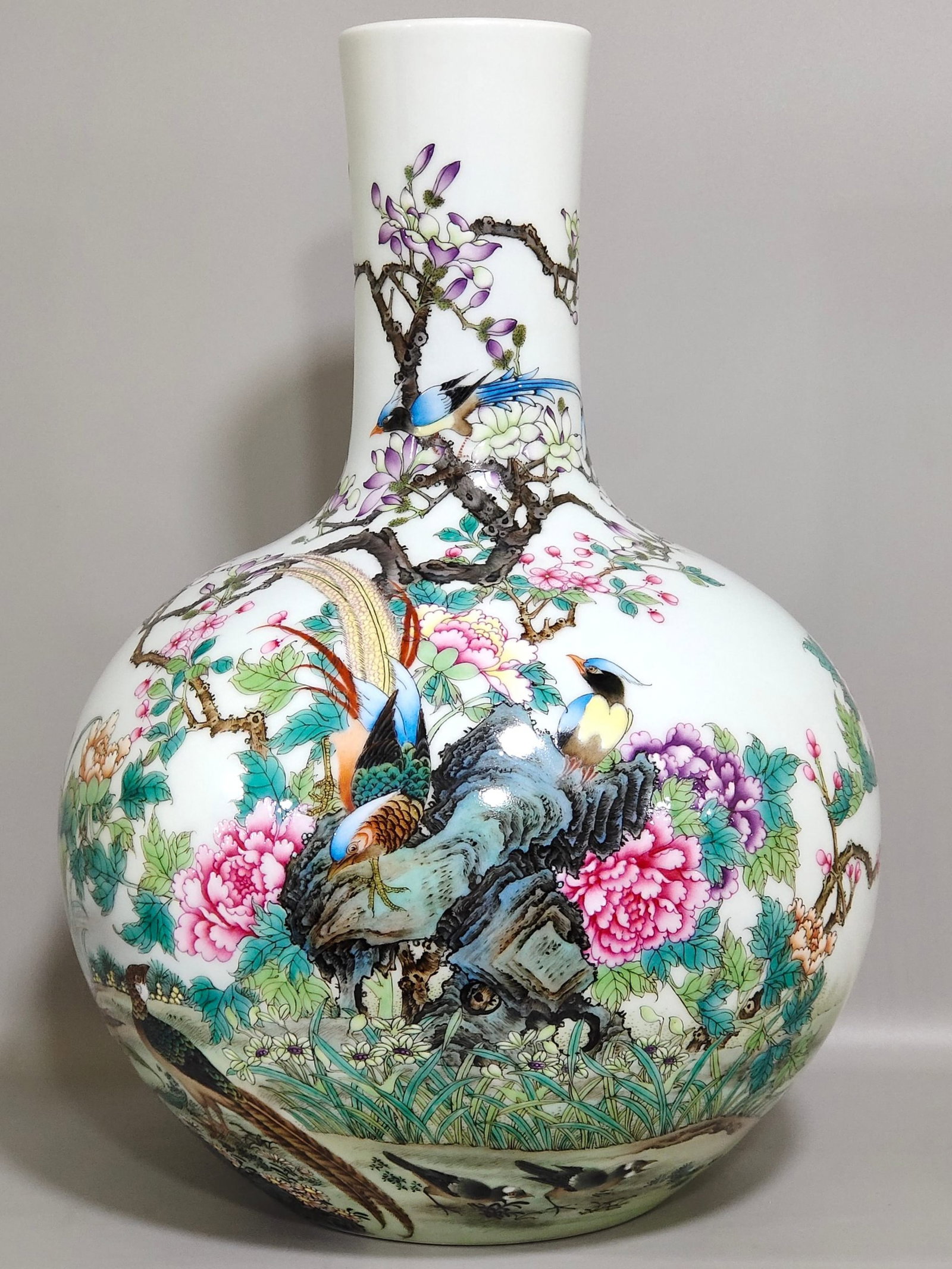 A Pair of Rare Famille-Rose Flower and Bird Pattern Vases,With Poem - 2