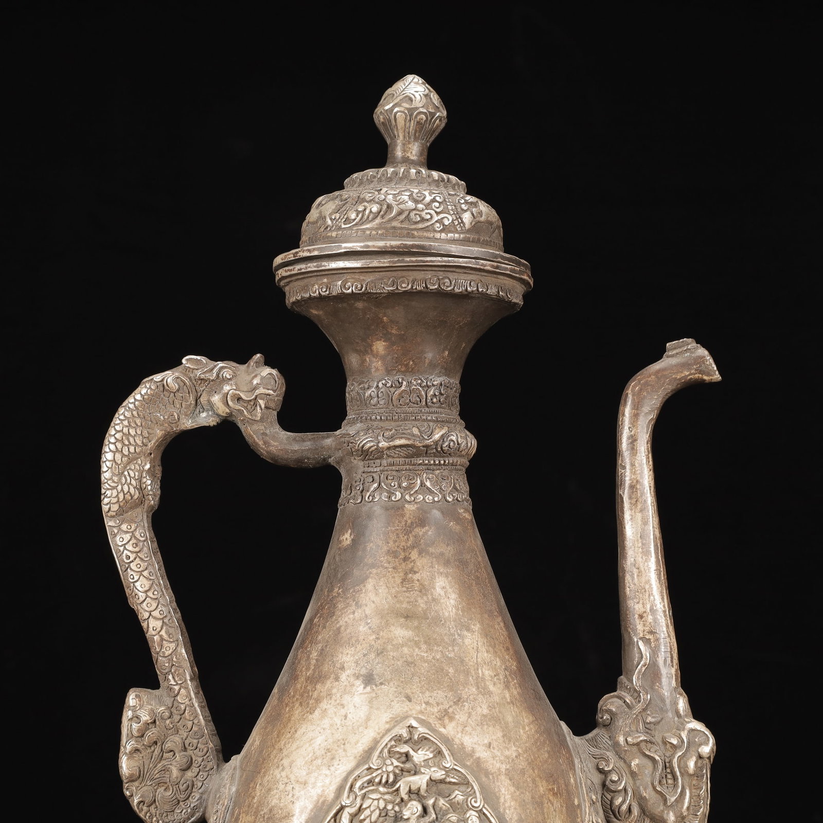 A Rare Silver-Plated Bronze Figure and Dragon Pattern Ewer - 2