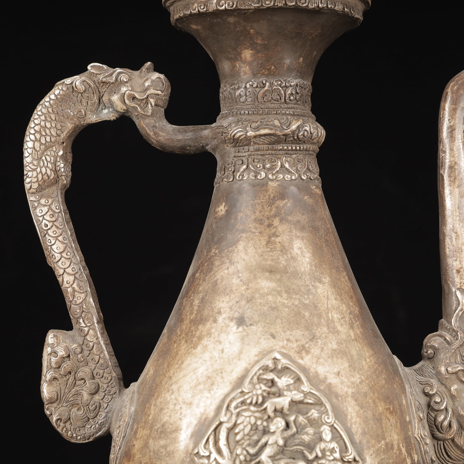 A Rare Silver-Plated Bronze Figure and Dragon Pattern Ewer - 3