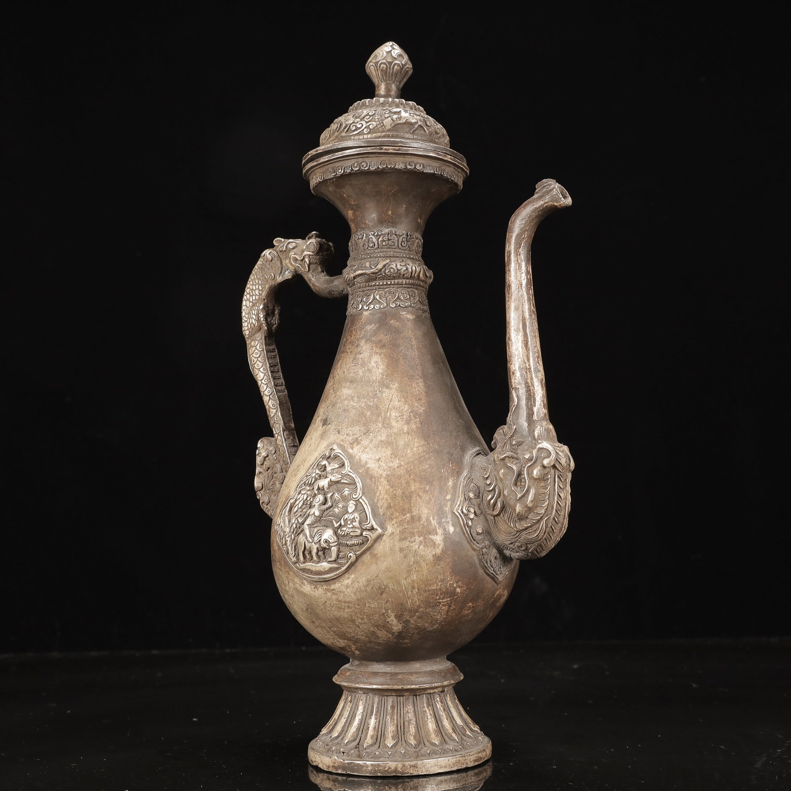 A Rare Silver-Plated Bronze Figure and Dragon Pattern Ewer - 5