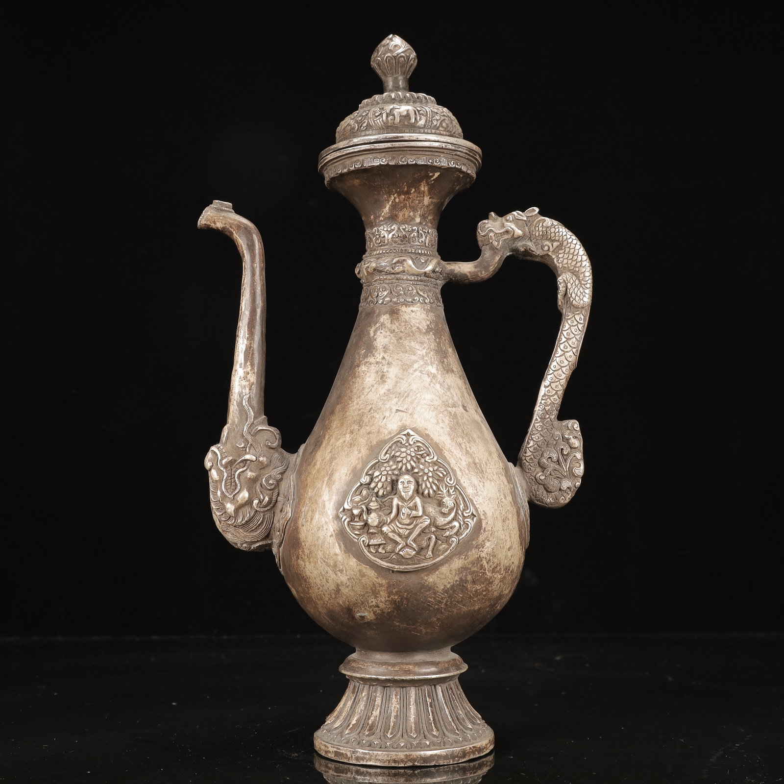 A Rare Silver-Plated Bronze Figure and Dragon Pattern Ewer - 8