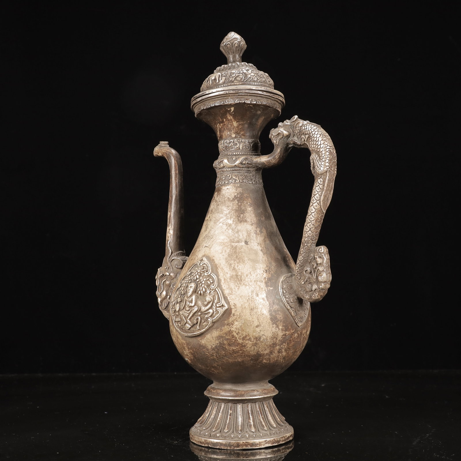 A Rare Silver-Plated Bronze Figure and Dragon Pattern Ewer - 9