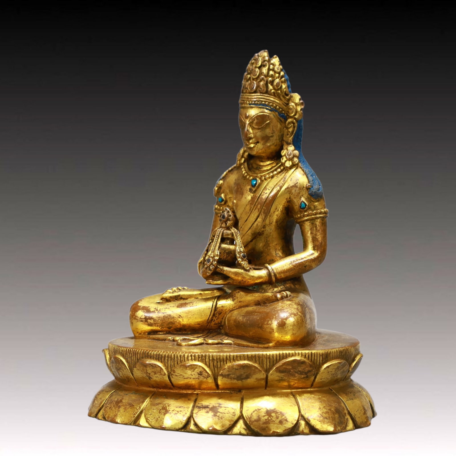 A Solemn Gilt Bronze Statue of Amitayus,Inlaid Turquoise - 4