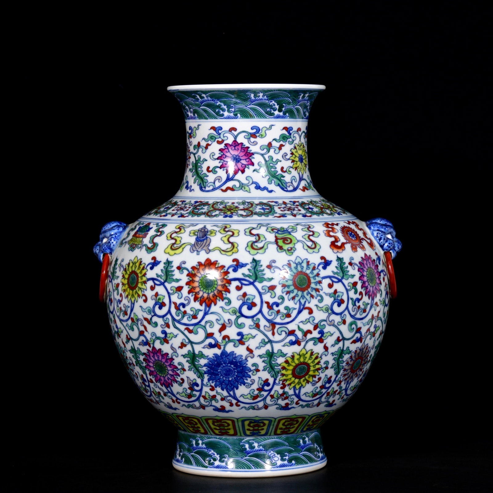 A Rare Doucai Lotus and Eight Treasures Pattern Beast-Ears Vase: Estimated Value:3200-6400 A Rare Doucai Lotus and Eight Treasures Pattern Beast-Ears Vase,Qing Dynasty,China,Yongzheng Six-character Mark,Size:13.8inx10.6in