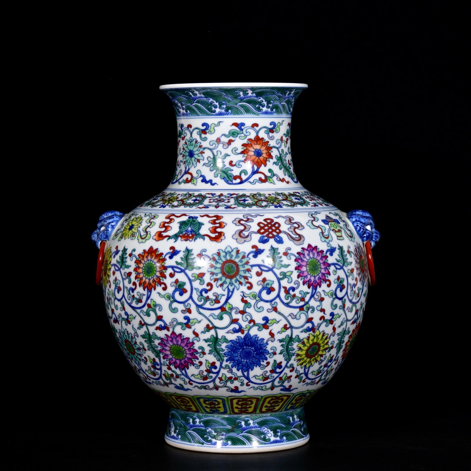 A Rare Doucai Lotus and Eight Treasures Pattern Beast-Ears Vase - 5