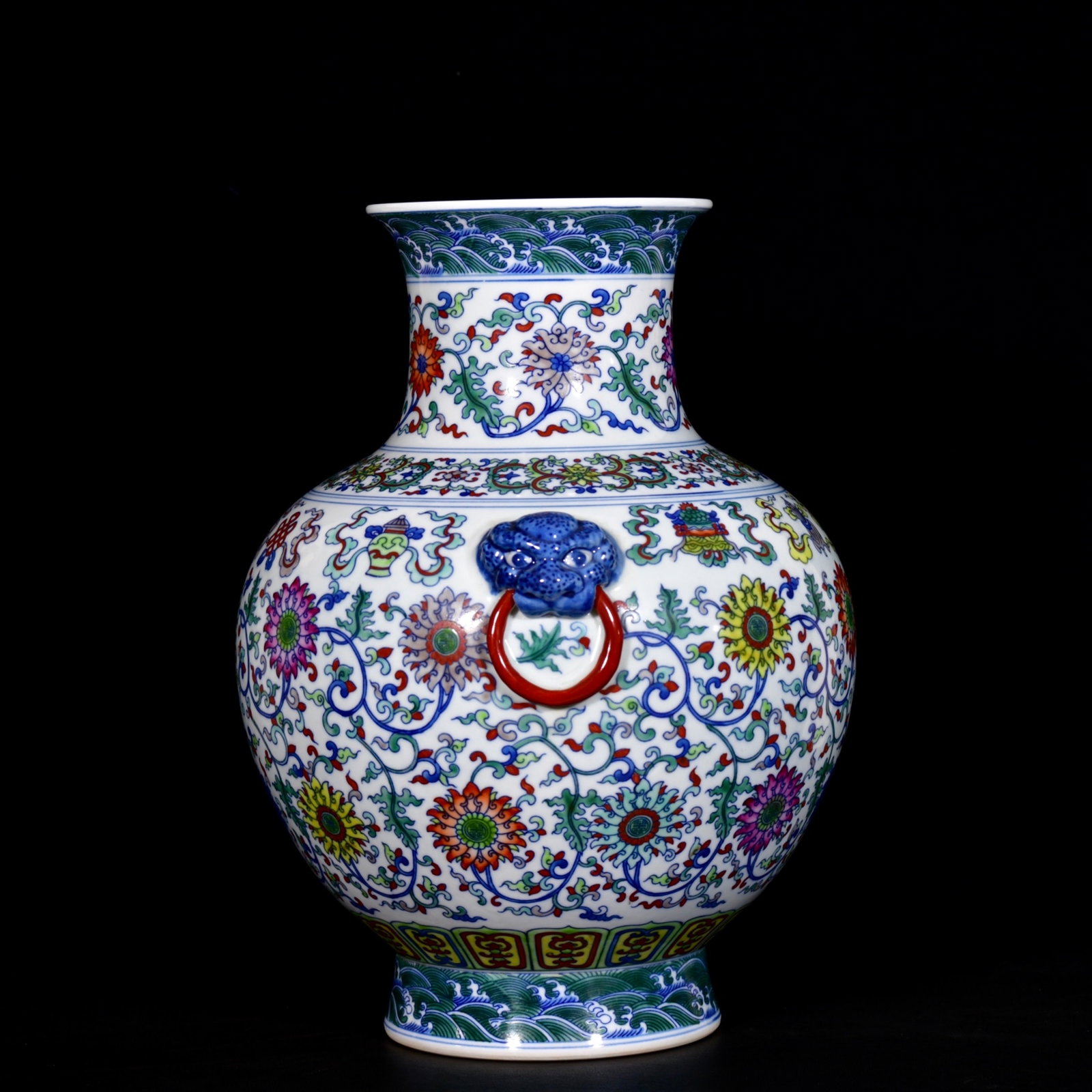 A Rare Doucai Lotus and Eight Treasures Pattern Beast-Ears Vase - 7