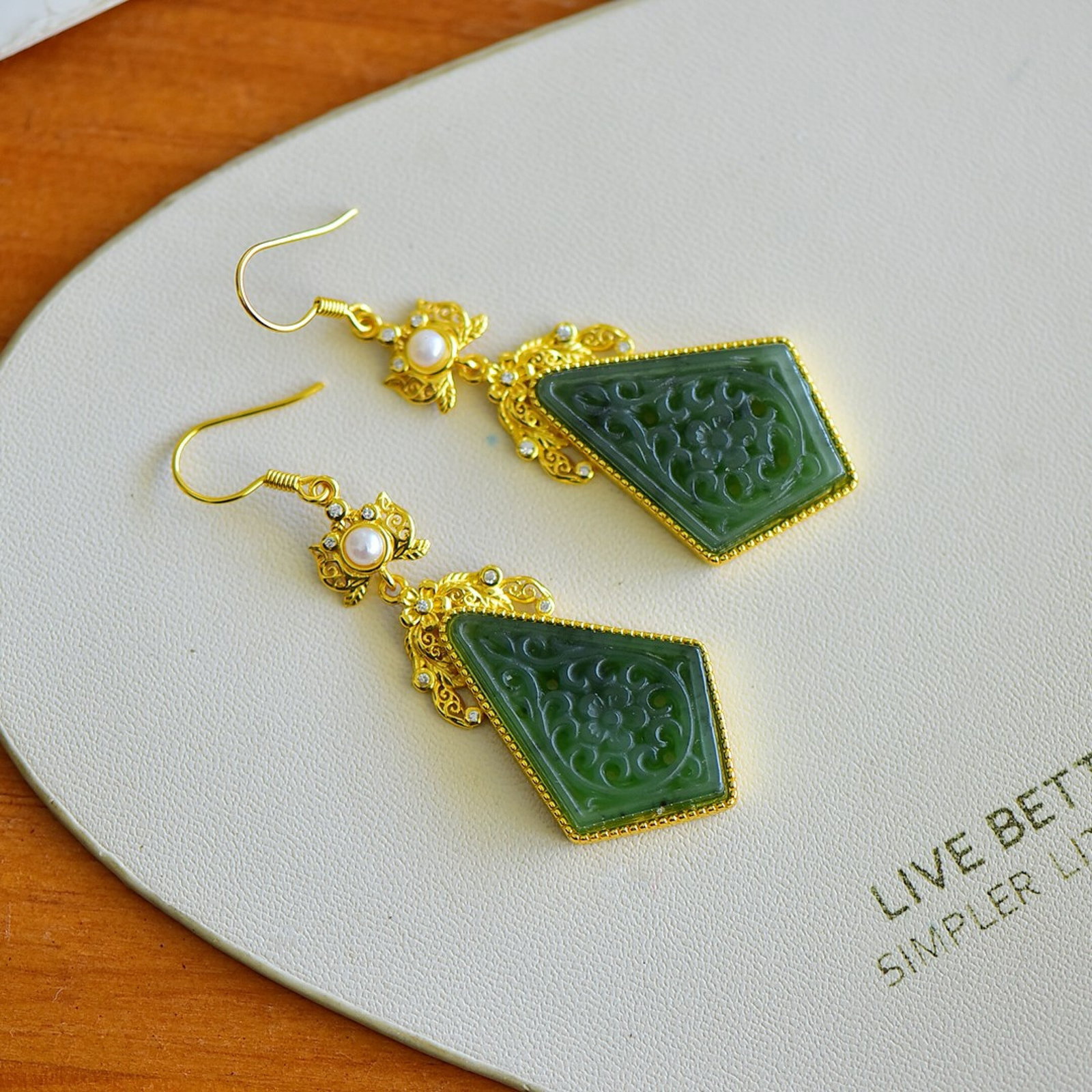 A Pair of Exquisite Sterling Silver-Gold Plated Inlaid Jasper Earrings,Inlaid Diamonds and Pearls - 4