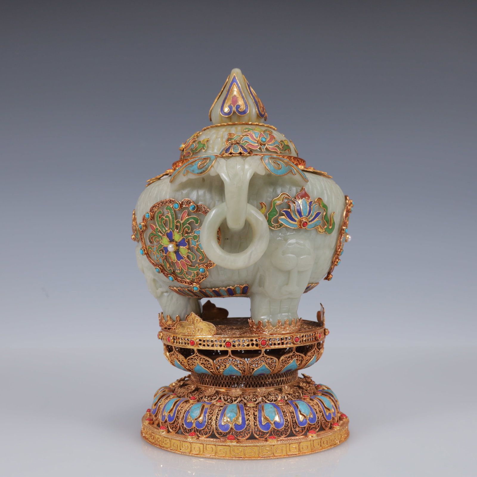 An Exquisite Filigree and Gilding Inlaid White Jade Double-Ears and Tripod Censer,Inlaid Gems - 10