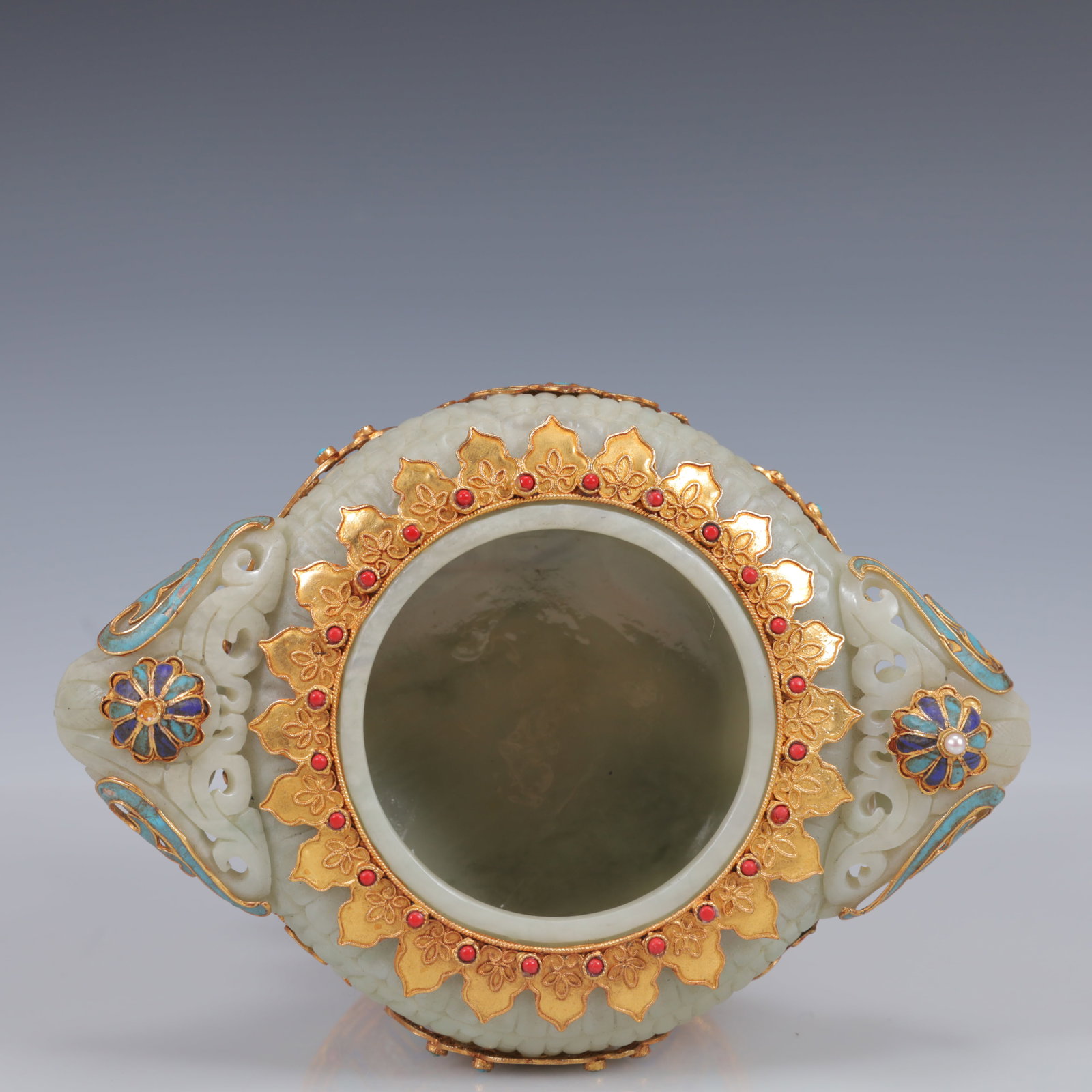 An Exquisite Filigree and Gilding Inlaid White Jade Double-Ears and Tripod Censer,Inlaid Gems - 12