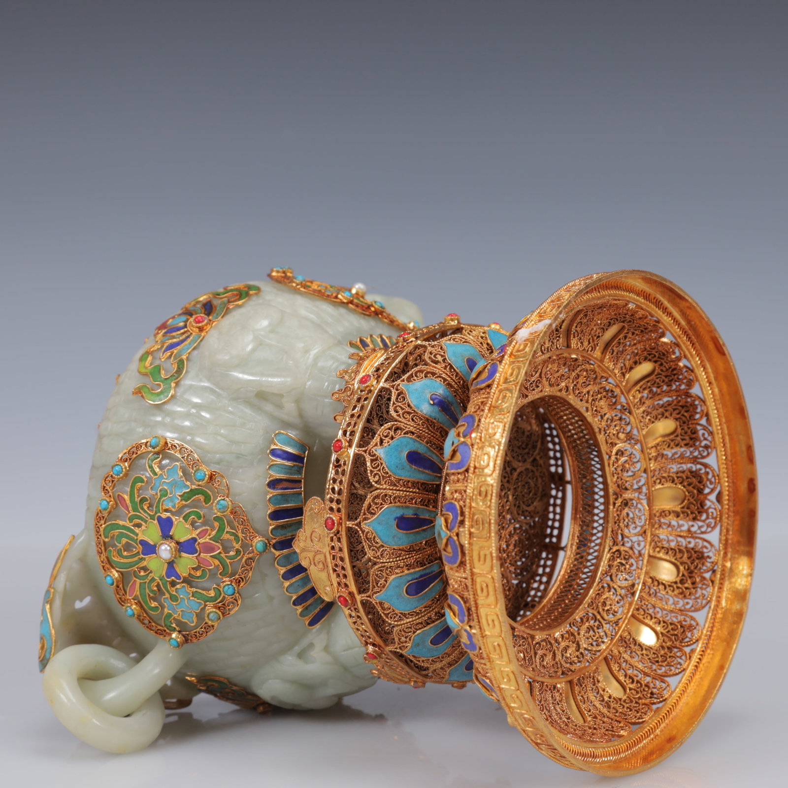 An Exquisite Filigree and Gilding Inlaid White Jade Double-Ears and Tripod Censer,Inlaid Gems - 13
