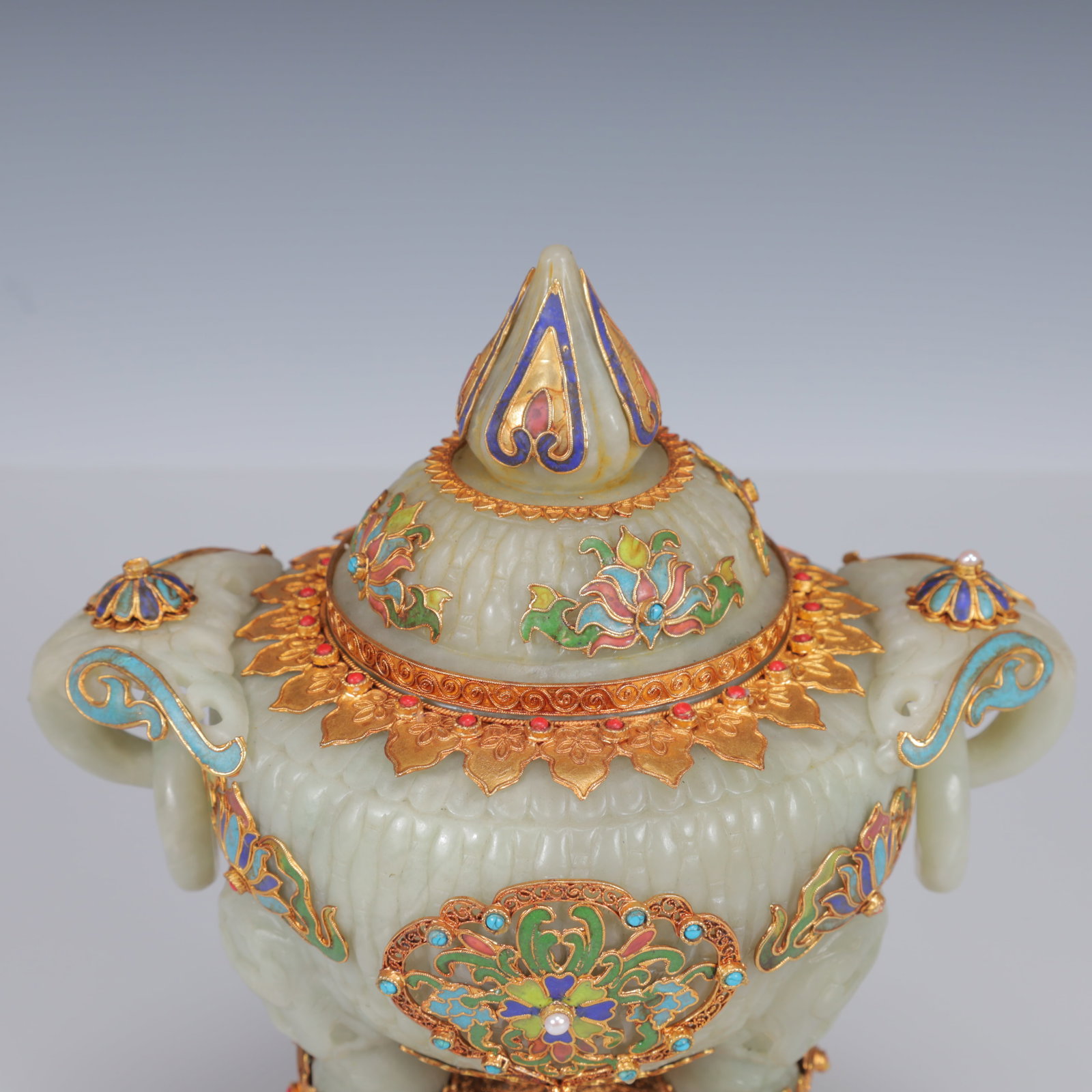 An Exquisite Filigree and Gilding Inlaid White Jade Double-Ears and Tripod Censer,Inlaid Gems - 2