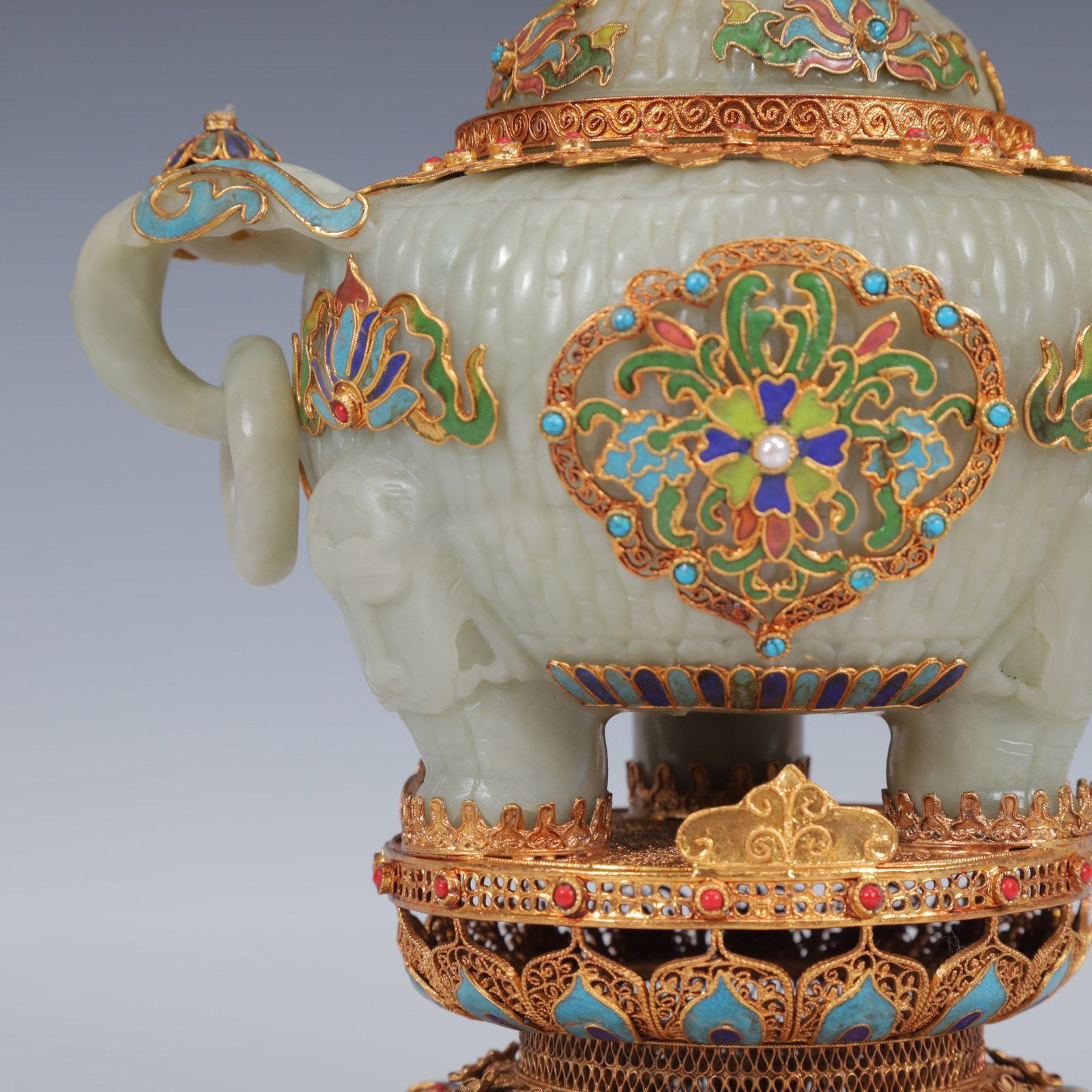 An Exquisite Filigree and Gilding Inlaid White Jade Double-Ears and Tripod Censer,Inlaid Gems - 4