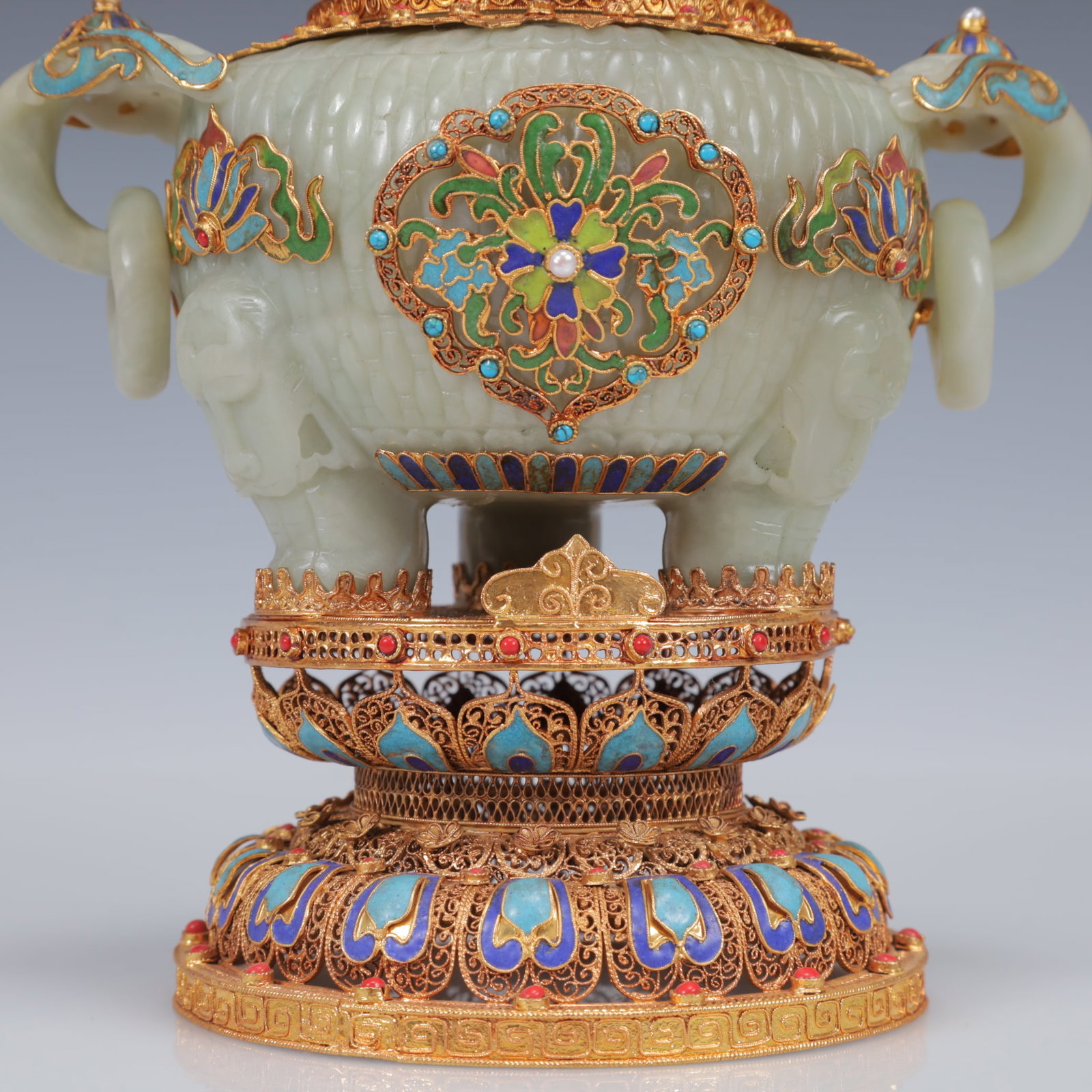 An Exquisite Filigree and Gilding Inlaid White Jade Double-Ears and Tripod Censer,Inlaid Gems - 5