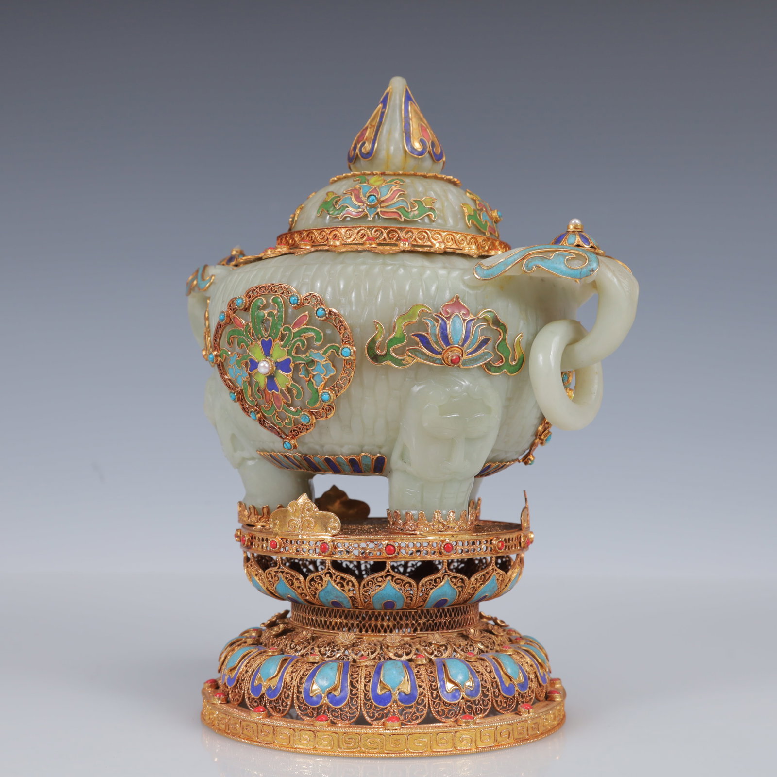 An Exquisite Filigree and Gilding Inlaid White Jade Double-Ears and Tripod Censer,Inlaid Gems - 6