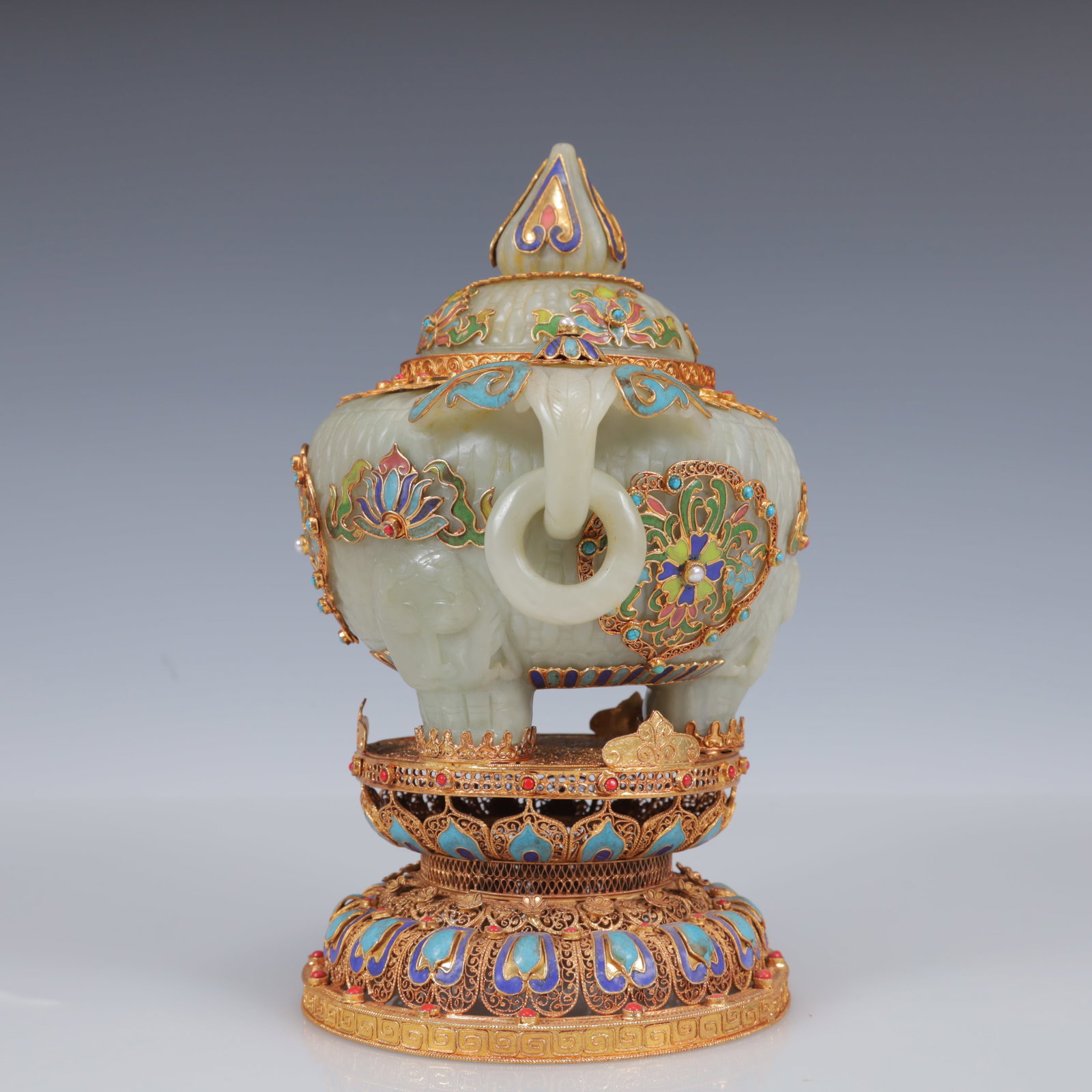 An Exquisite Filigree and Gilding Inlaid White Jade Double-Ears and Tripod Censer,Inlaid Gems - 7