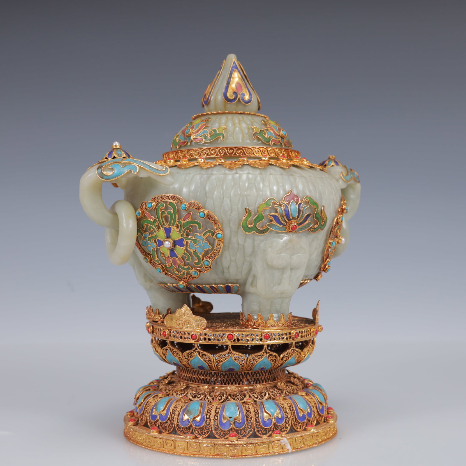 An Exquisite Filigree and Gilding Inlaid White Jade Double-Ears and Tripod Censer,Inlaid Gems - 8