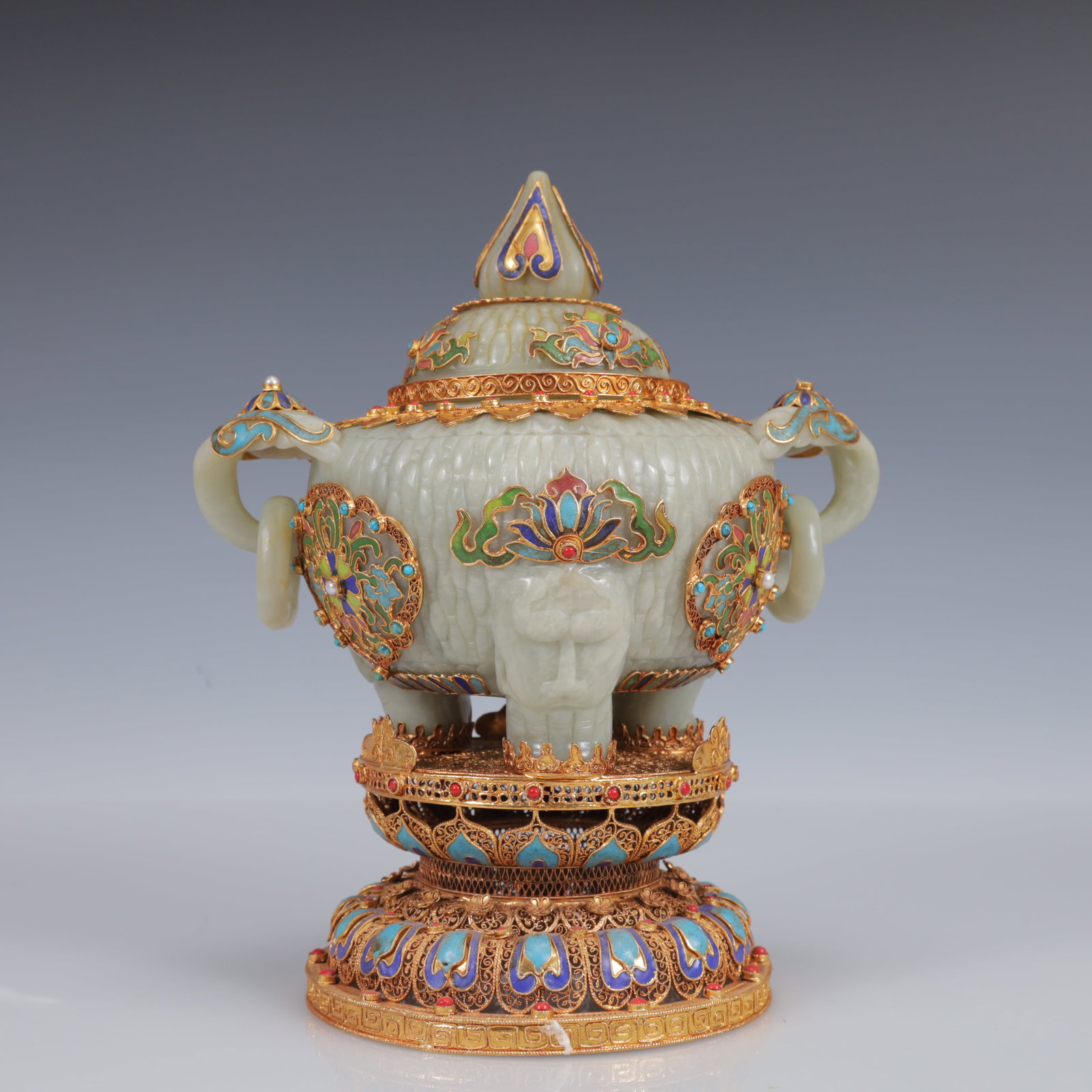 An Exquisite Filigree and Gilding Inlaid White Jade Double-Ears and Tripod Censer,Inlaid Gems - 9