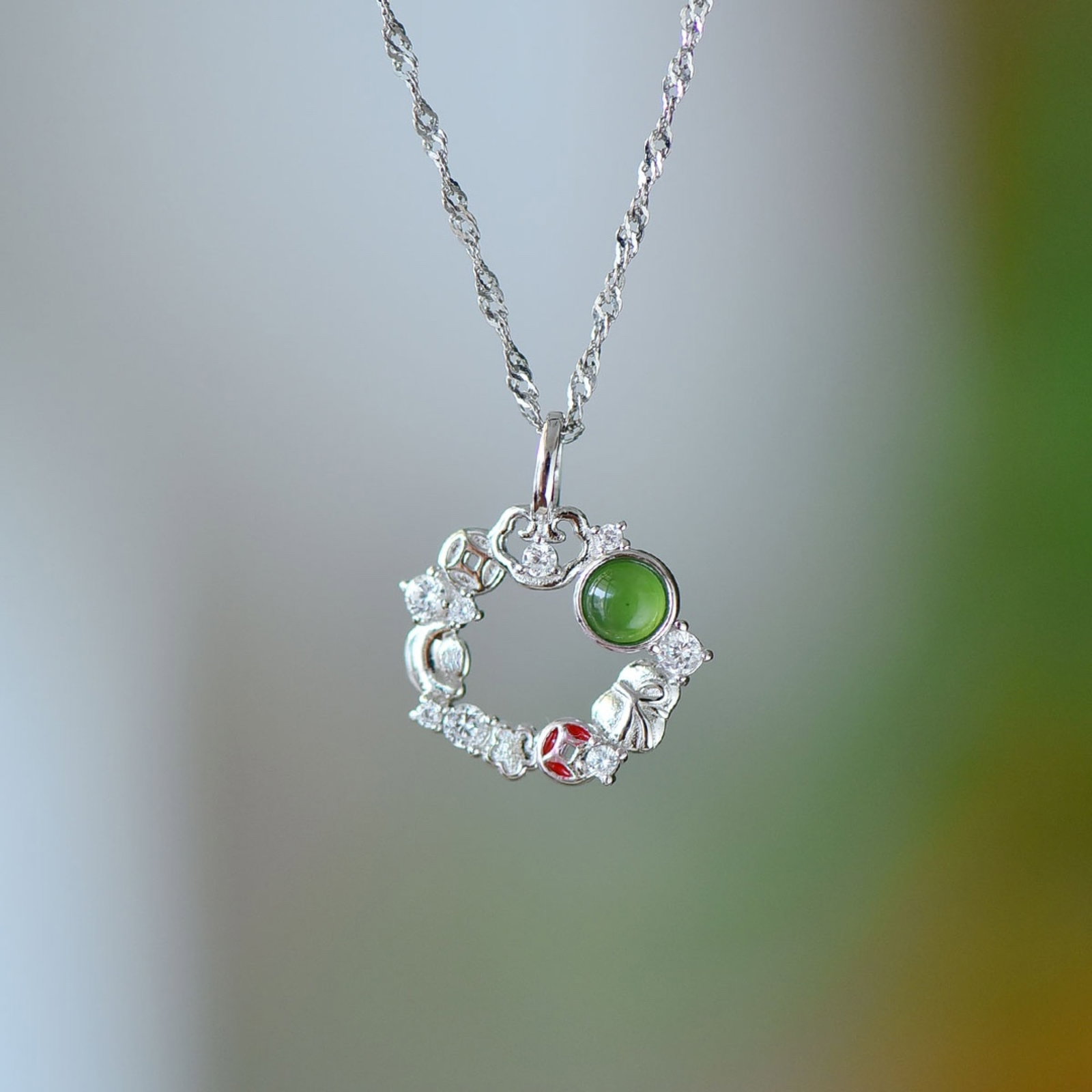 An Exquisite Sterling Silver Inlaid Jasper Pendant,Inlaid Diamond - 2