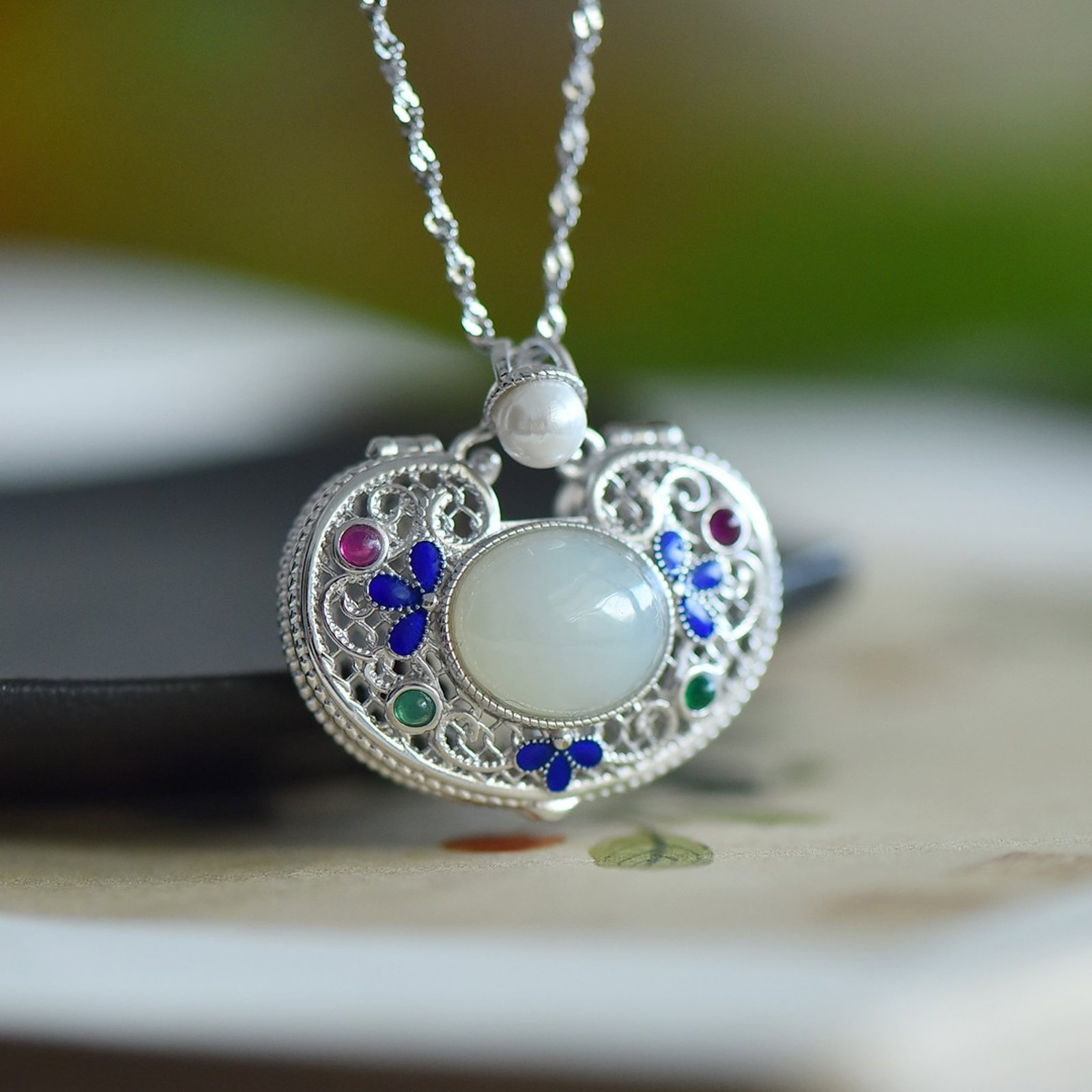 An Exquisite Sterling Silver Inlaid White Jade Pendant,Inlaid Gems and Pearls - 2