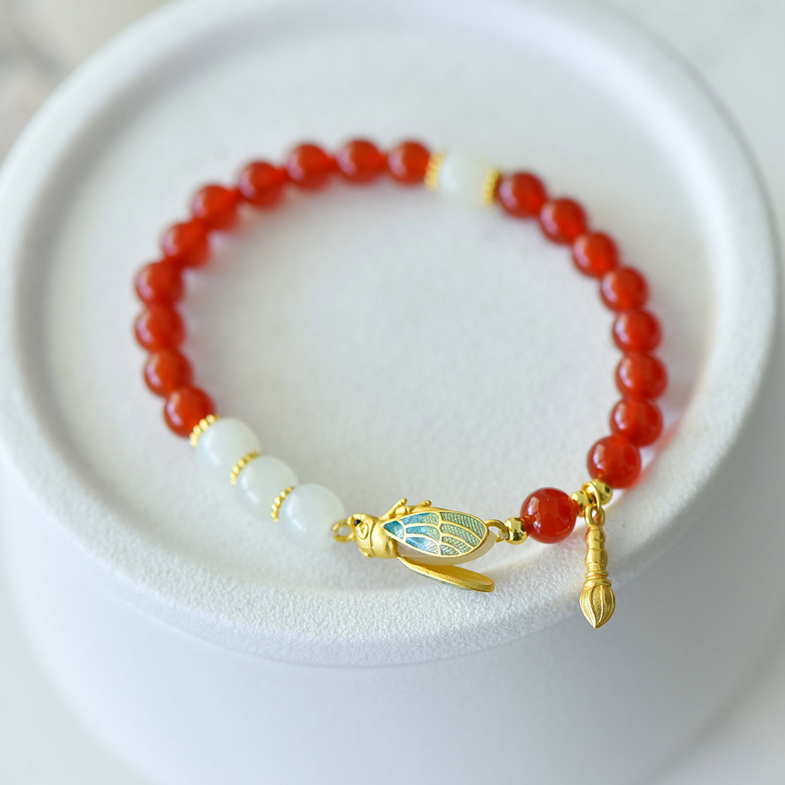 An Exquisite Sterling Silver-Gold Plated Inlaid Agate Bracelet,Inlaid White Jade - 2