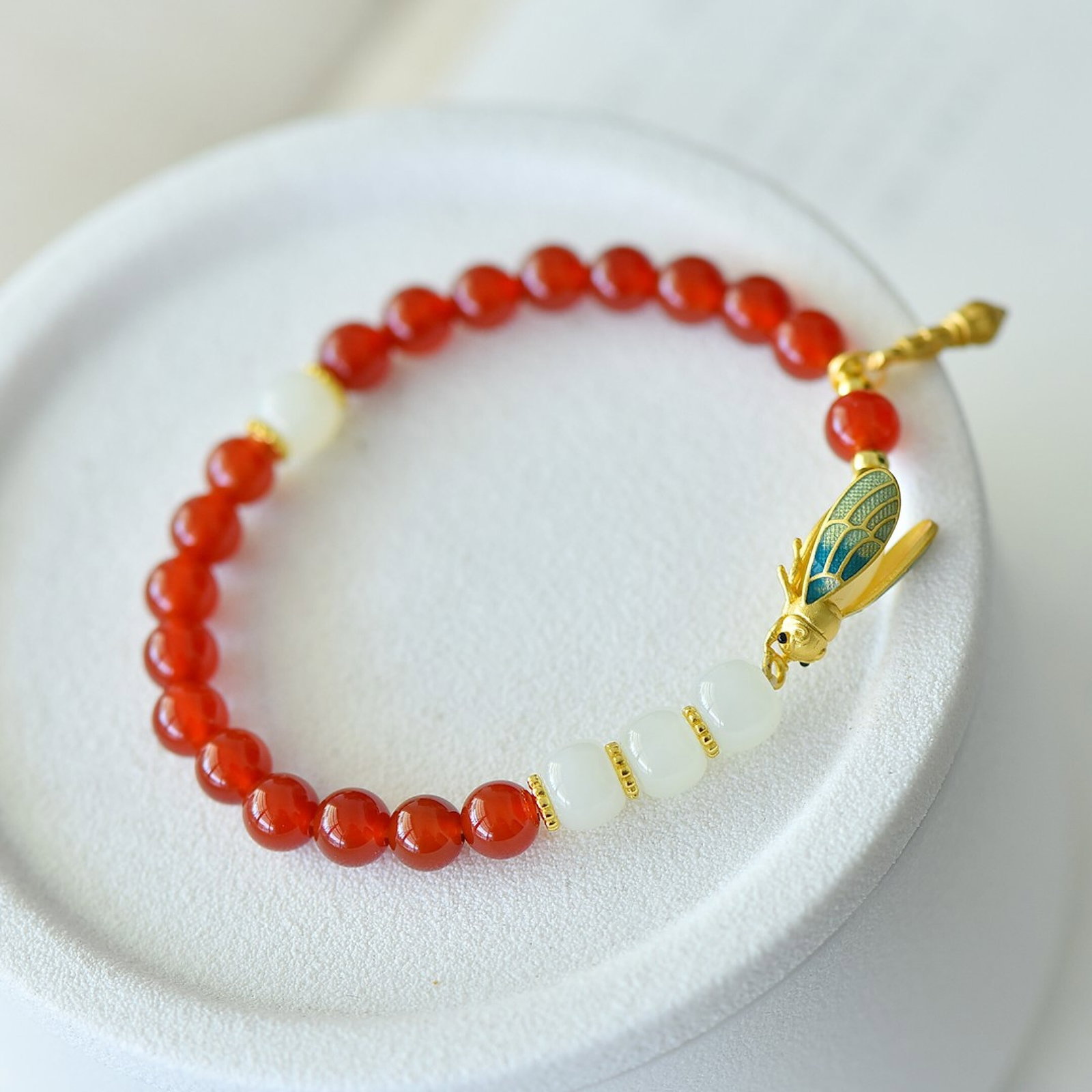 An Exquisite Sterling Silver-Gold Plated Inlaid Agate Bracelet,Inlaid White Jade - 3