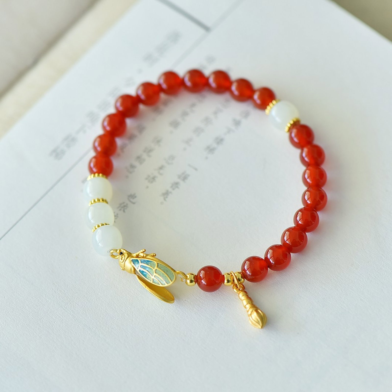 An Exquisite Sterling Silver-Gold Plated Inlaid Agate Bracelet,Inlaid White Jade - 4