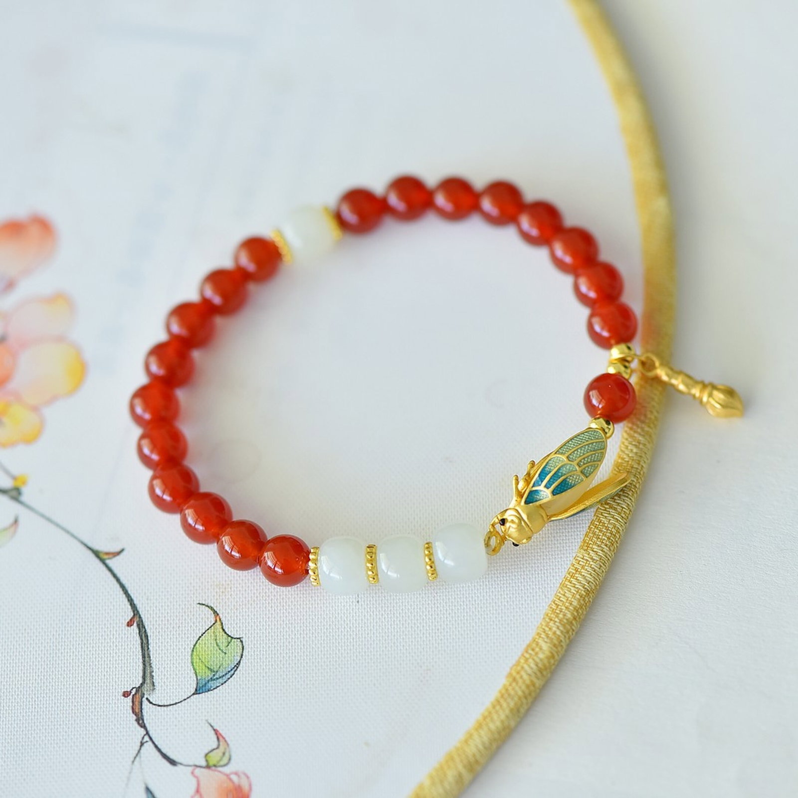 An Exquisite Sterling Silver-Gold Plated Inlaid Agate Bracelet,Inlaid White Jade - 5