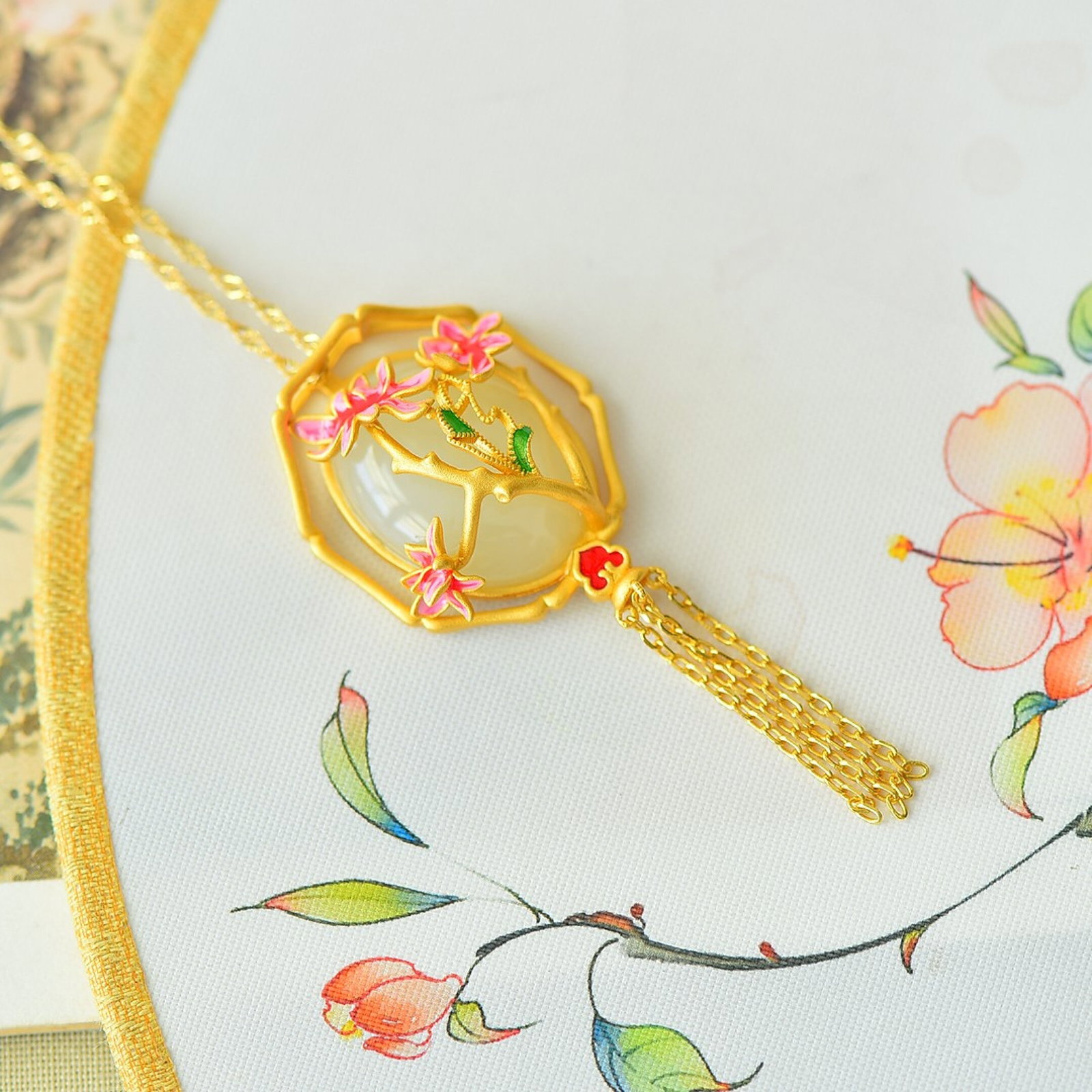 An Exquisite Sterling Silver-Gold Plated Inlaid White Jade Enamel Pendant - 2