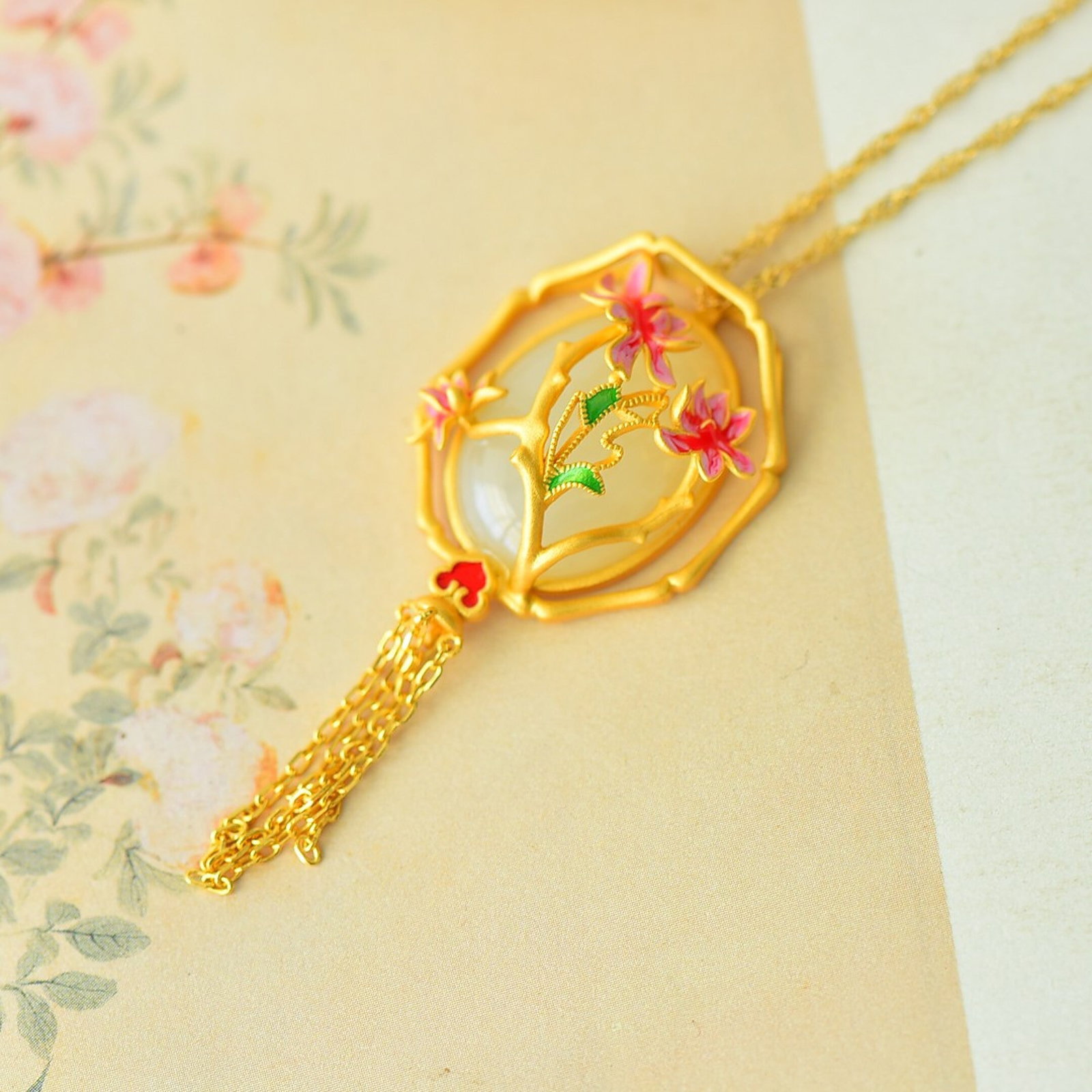 An Exquisite Sterling Silver-Gold Plated Inlaid White Jade Enamel Pendant - 3