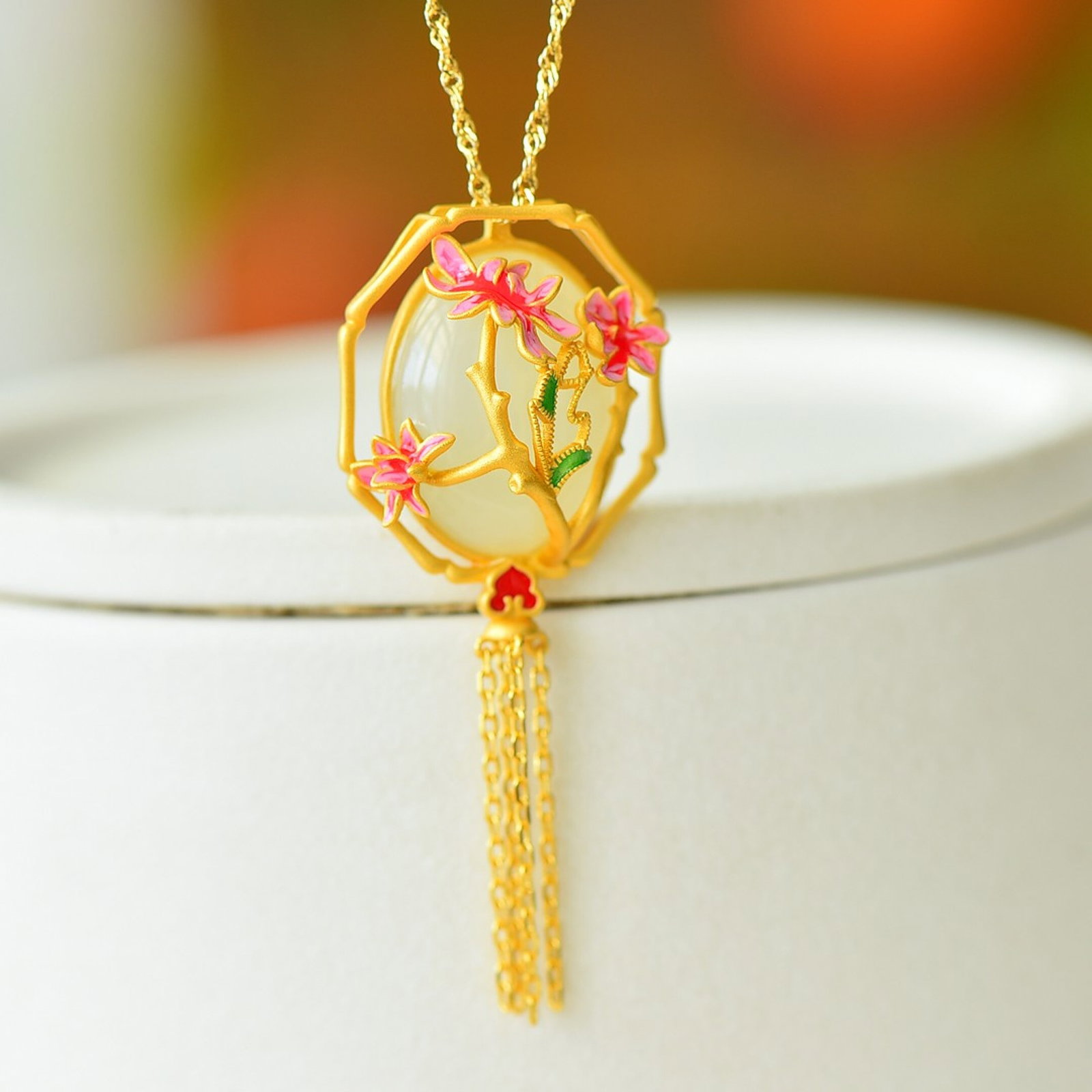 An Exquisite Sterling Silver-Gold Plated Inlaid White Jade Enamel Pendant - 4