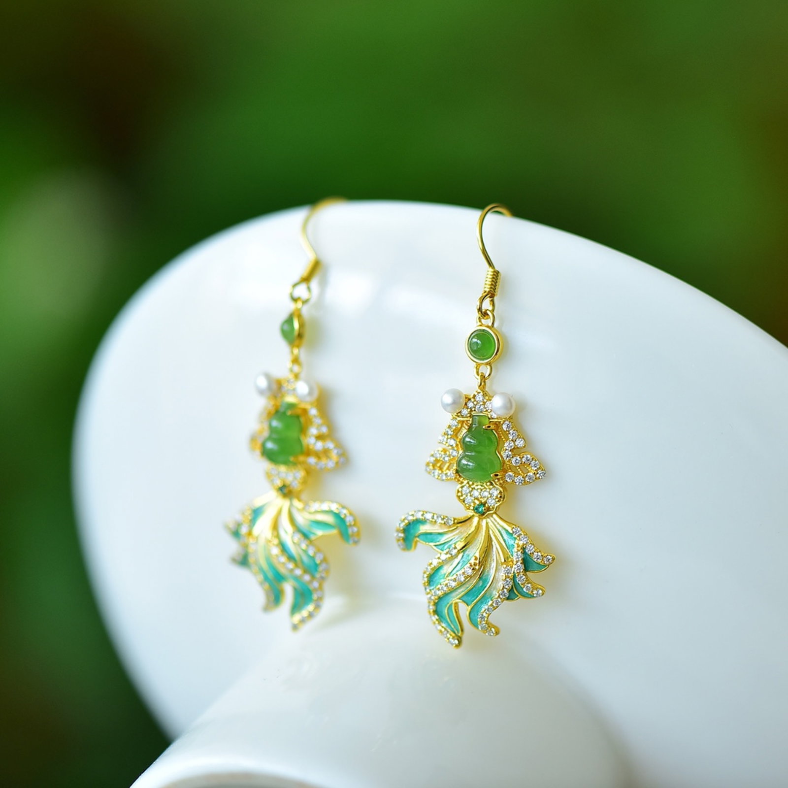 A Pair of Exquisite Sterling Silver-Gold Plated Inlaid Jasper Enamel Gourd Earrings,Inlaid Gems and - 2