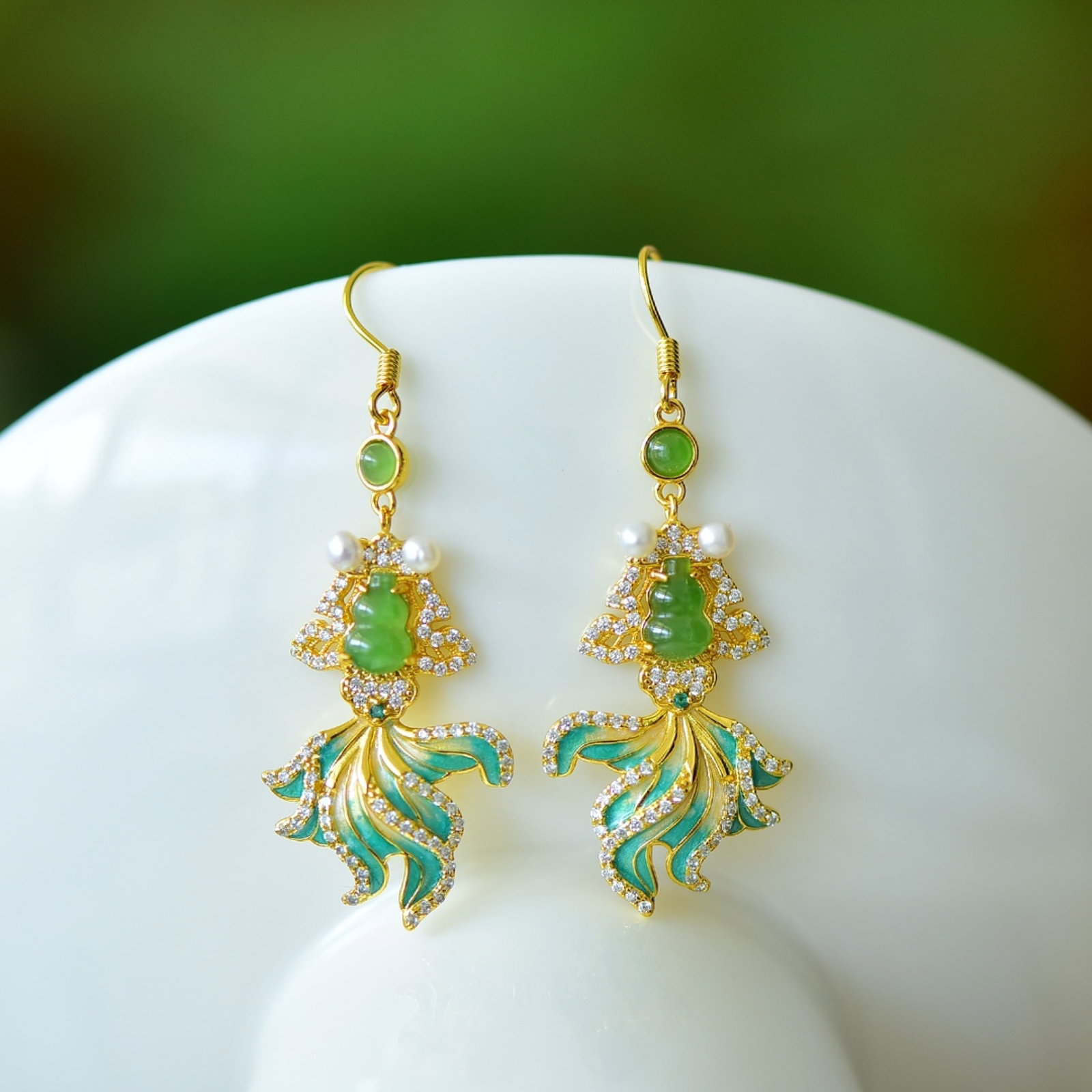 A Pair of Exquisite Sterling Silver-Gold Plated Inlaid Jasper Enamel Gourd Earrings,Inlaid Gems and - 3