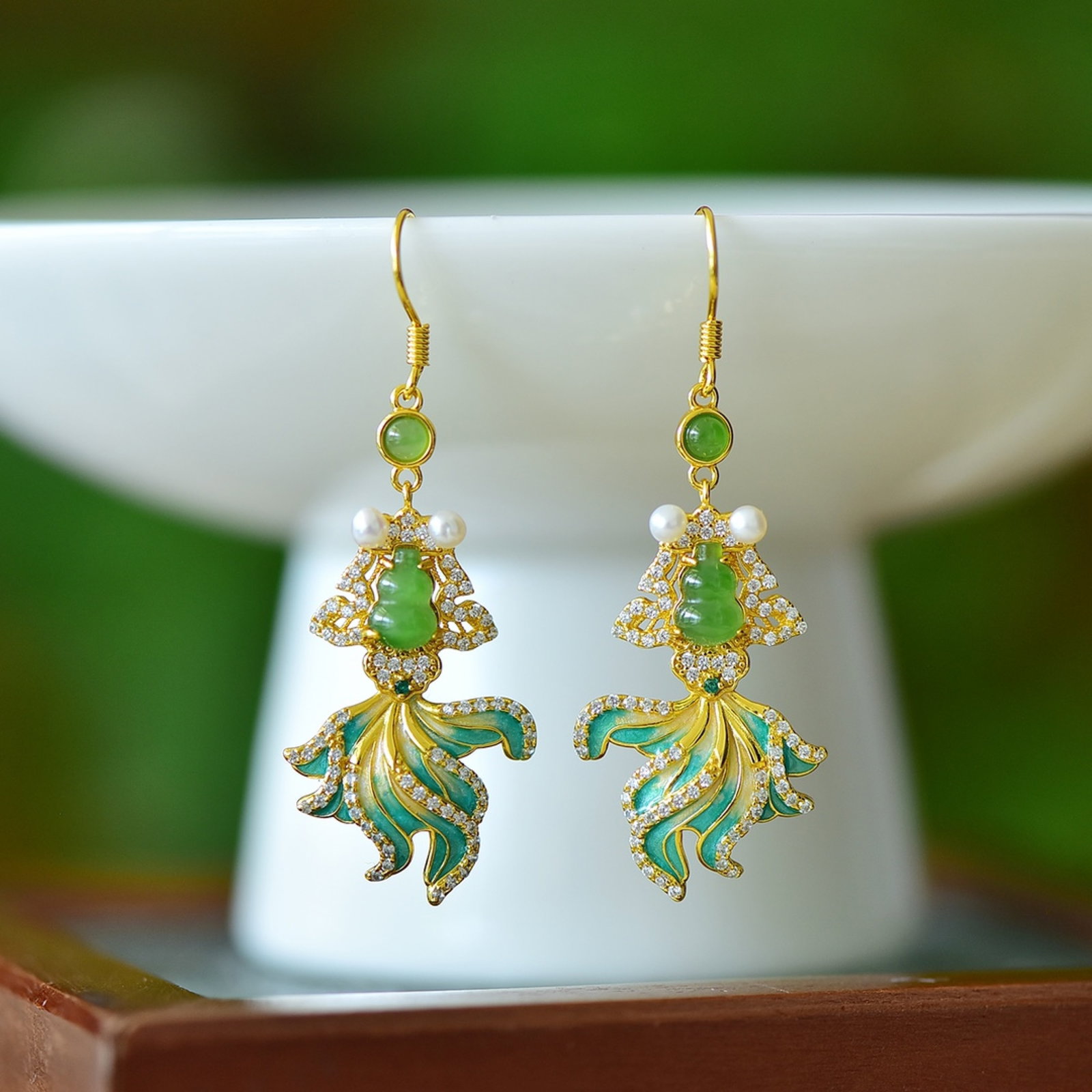A Pair of Exquisite Sterling Silver-Gold Plated Inlaid Jasper Enamel Gourd Earrings,Inlaid Gems and - 4