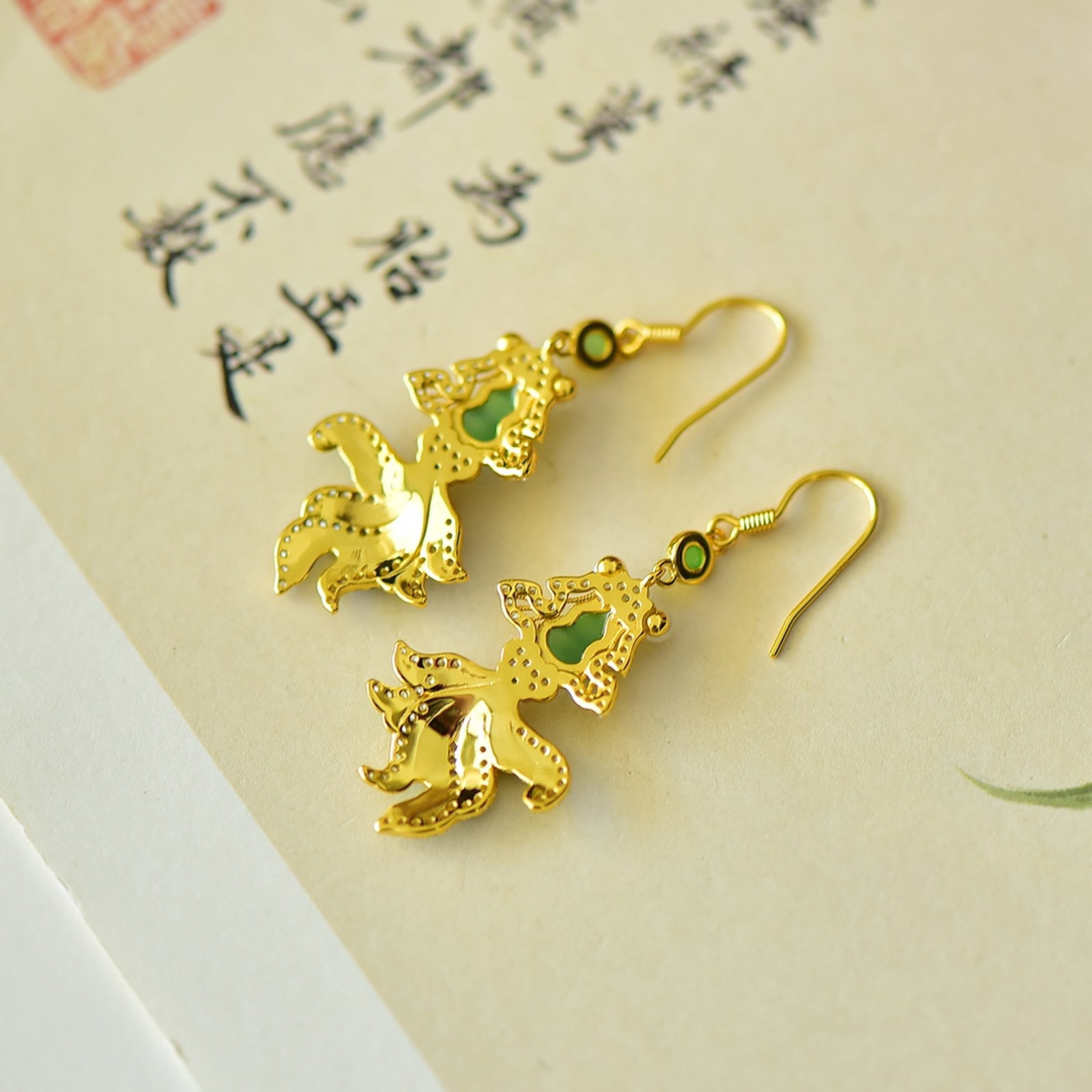 A Pair of Exquisite Sterling Silver-Gold Plated Inlaid Jasper Enamel Gourd Earrings,Inlaid Gems and - 5