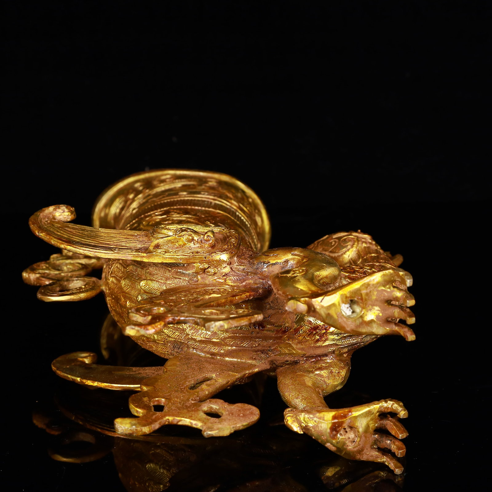 A Rare Gilt Bronze Phoenix Libation Goblet - 13