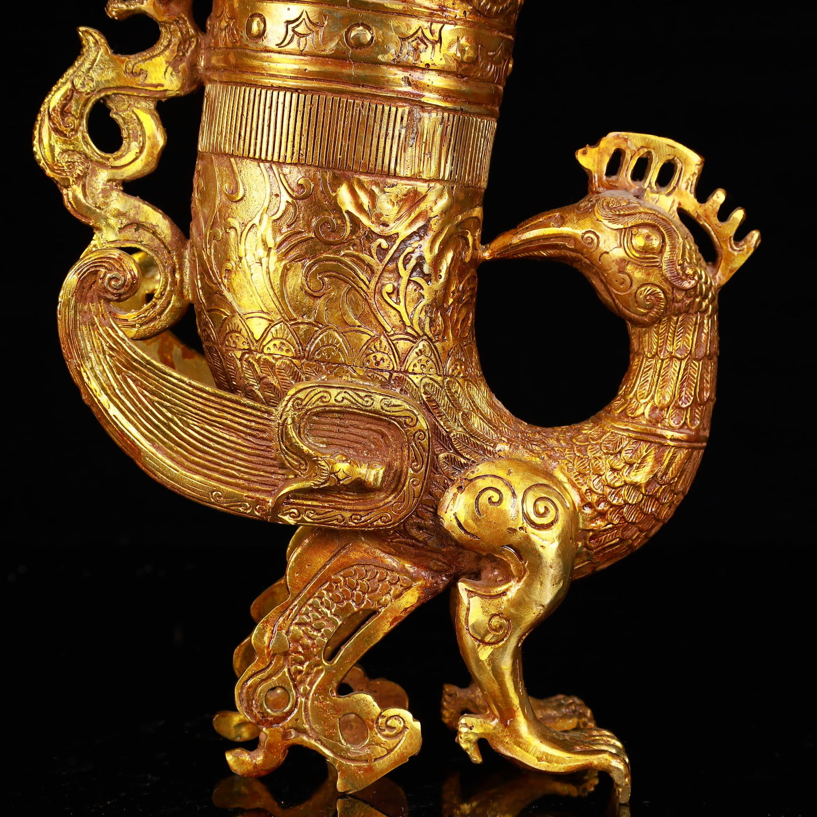 A Rare Gilt Bronze Phoenix Libation Goblet - 3