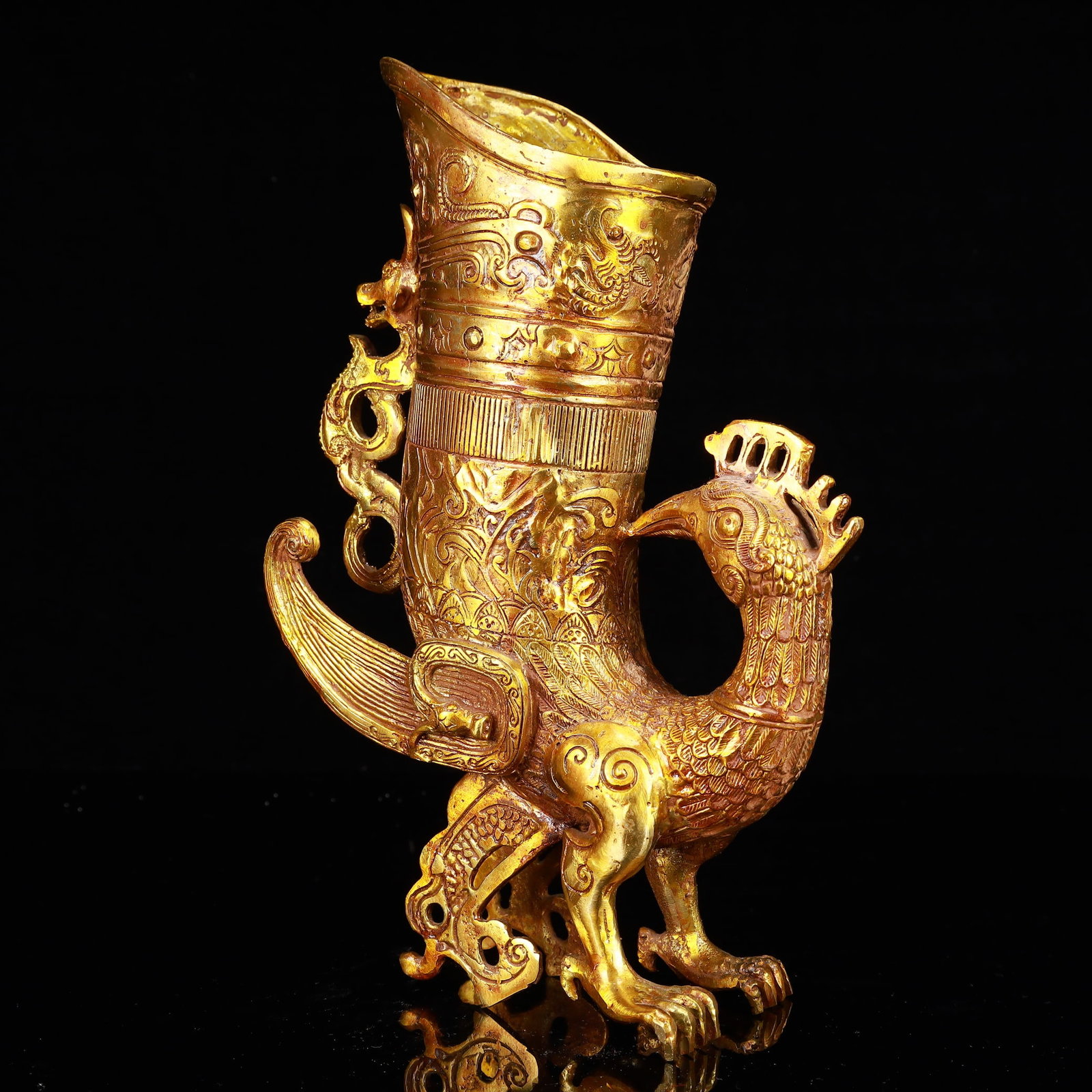 A Rare Gilt Bronze Phoenix Libation Goblet - 4