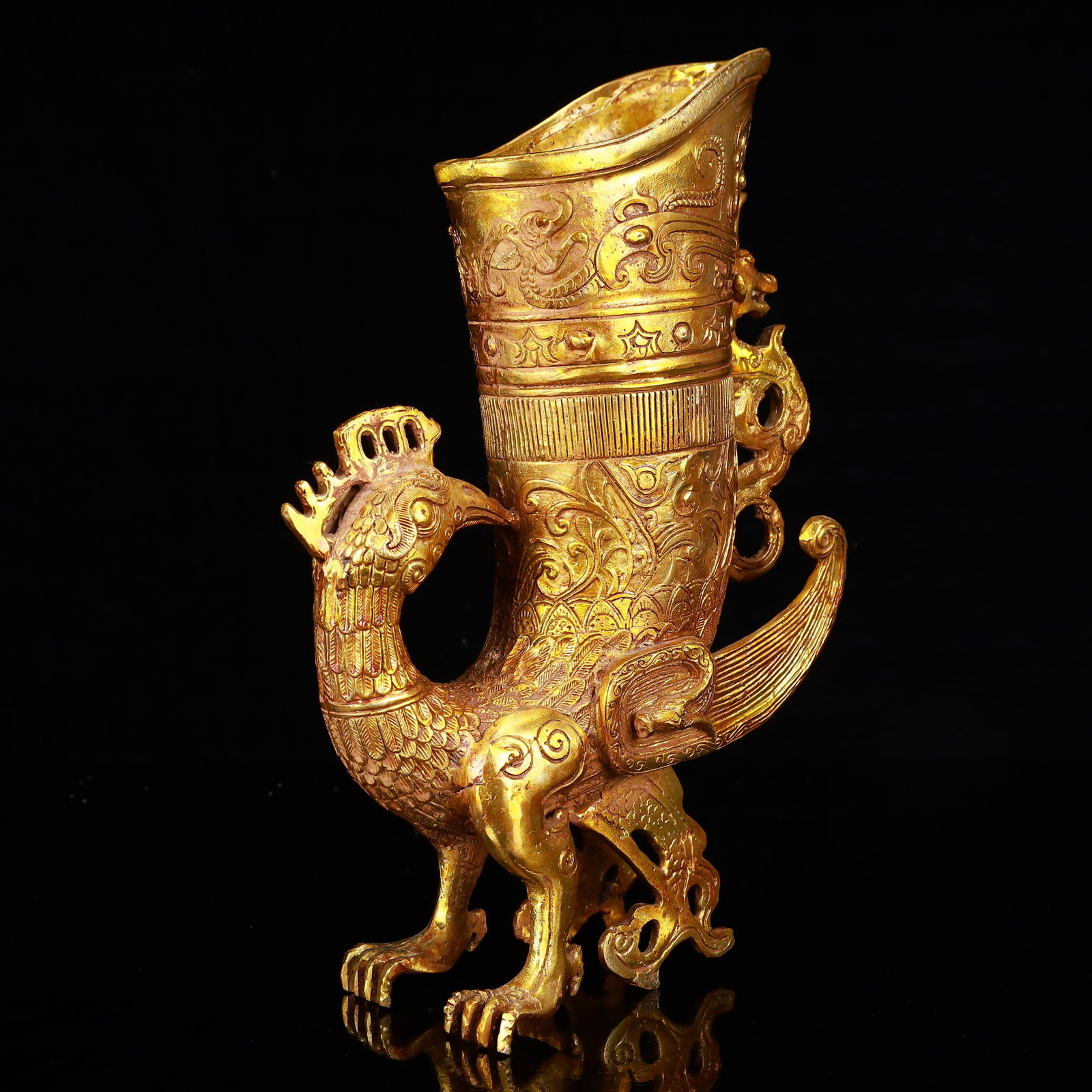 A Rare Gilt Bronze Phoenix Libation Goblet - 6