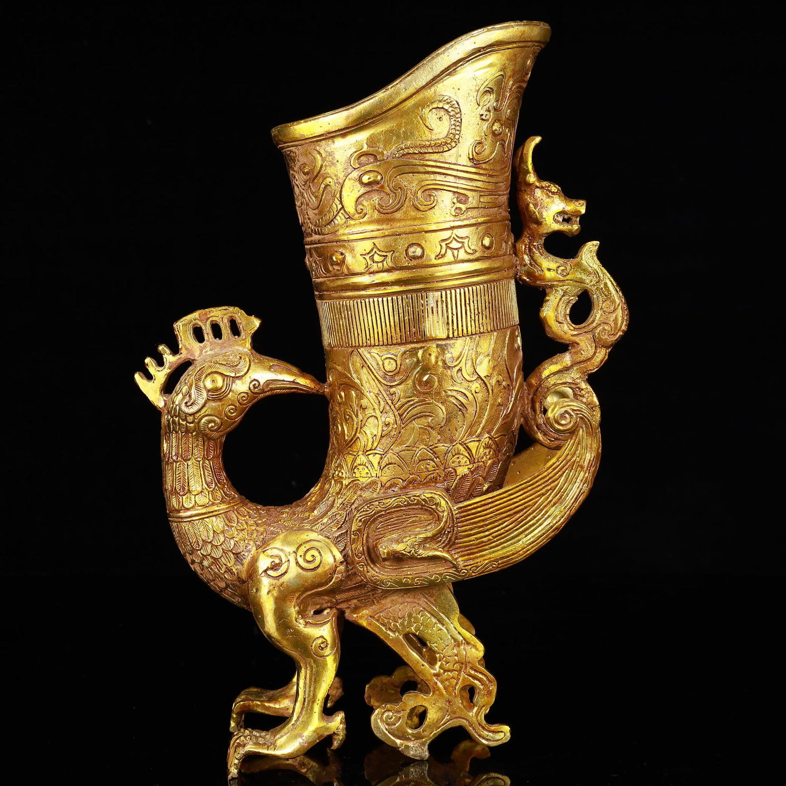 A Rare Gilt Bronze Phoenix Libation Goblet - 7