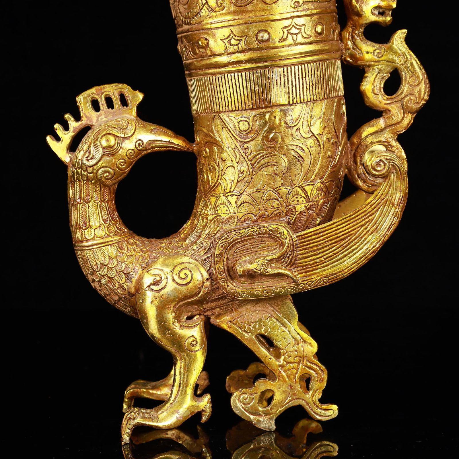 A Rare Gilt Bronze Phoenix Libation Goblet - 9