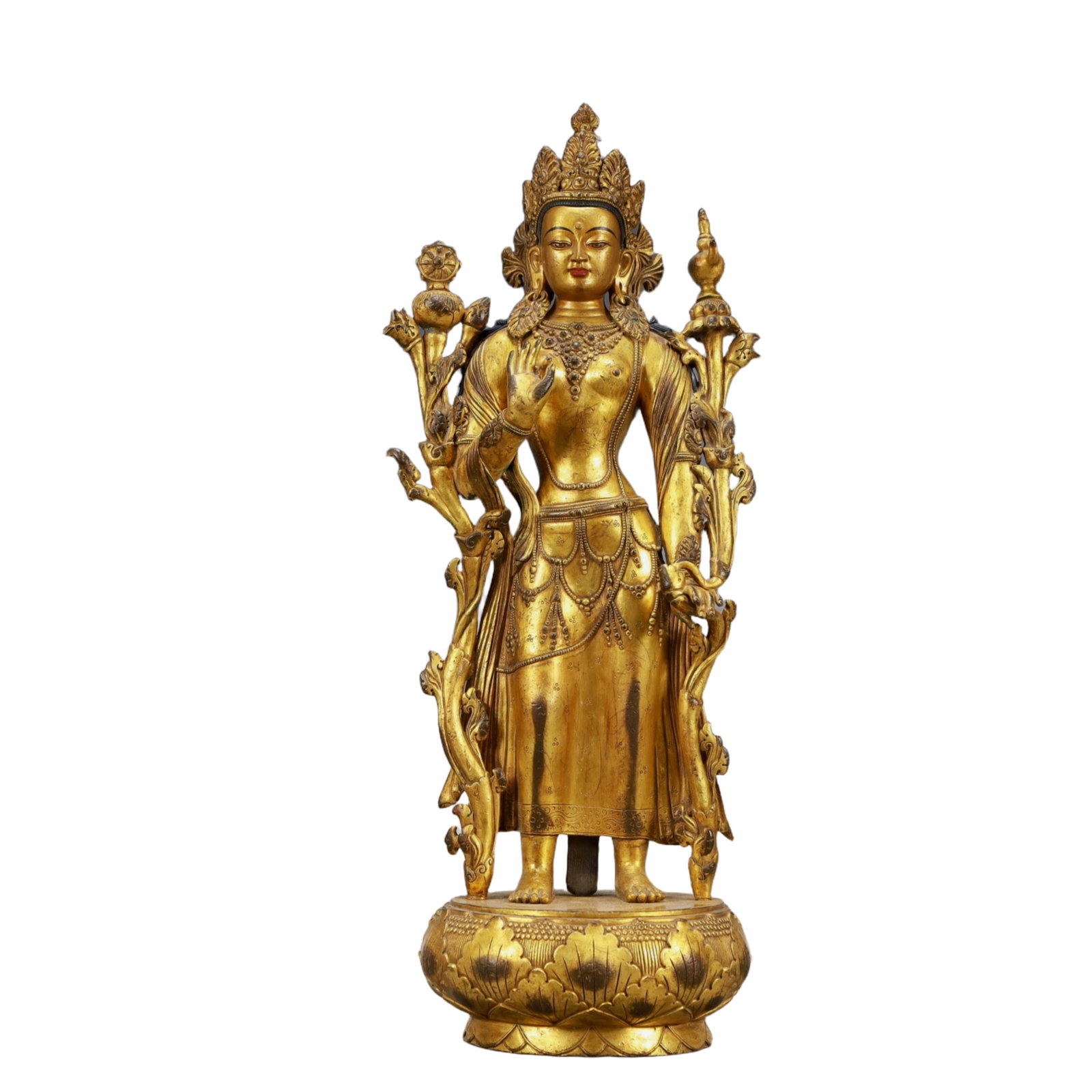 A Solemn Gilt Bronze Statue of Manjusri: Estimated Value:9600-19200 A Solemn Gilt Bronze Statue of Manjusri,Ming Dynasty, China,Size:6.3inx16.1in,Weight:3750g