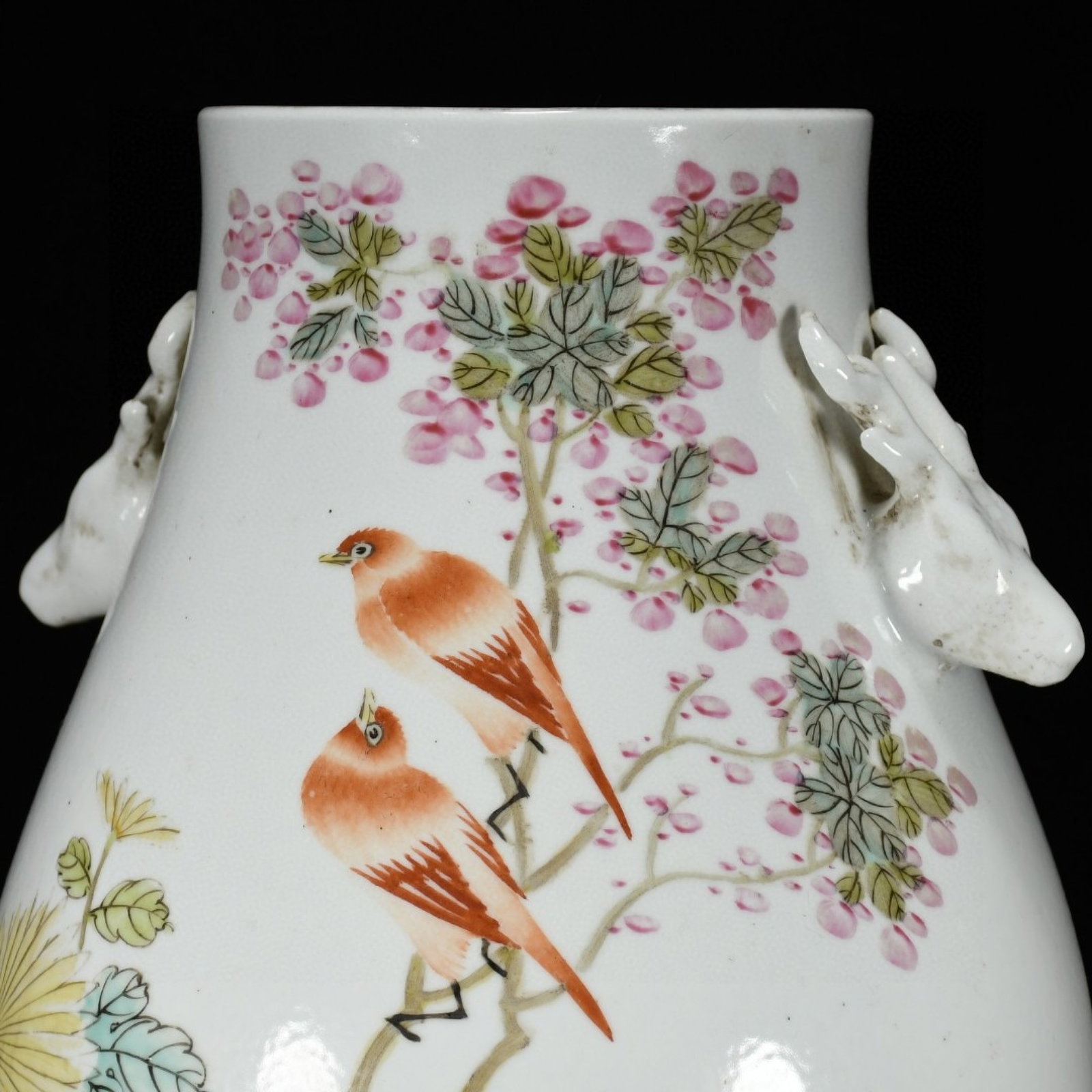 A Rare Light Crimson Color Flower and Bird Pattern Deer-Ears Vase - 5